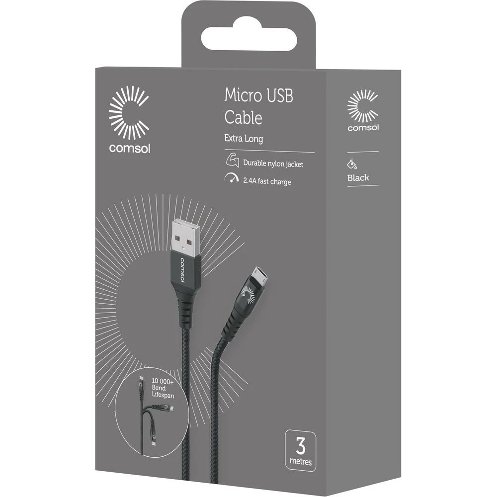 4 Comsol Premium Micro USB Charge and Sync Cable 3m Black, 4 of 4