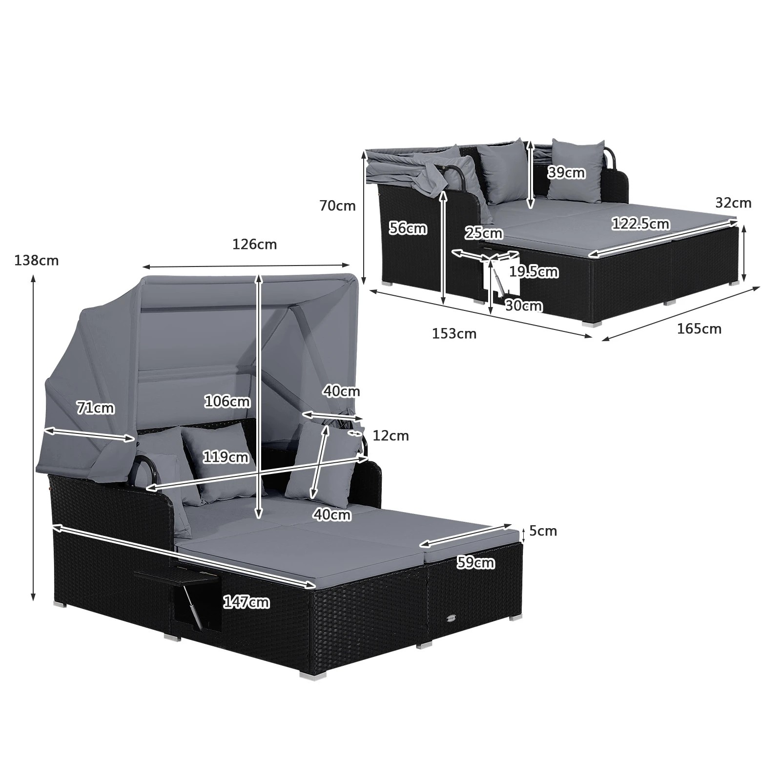 2 Costway 2-Person Outdoor Daybed Wicker Chaise Lounger Patio Sofa Set w/Canopy - Grey, 2 of 2