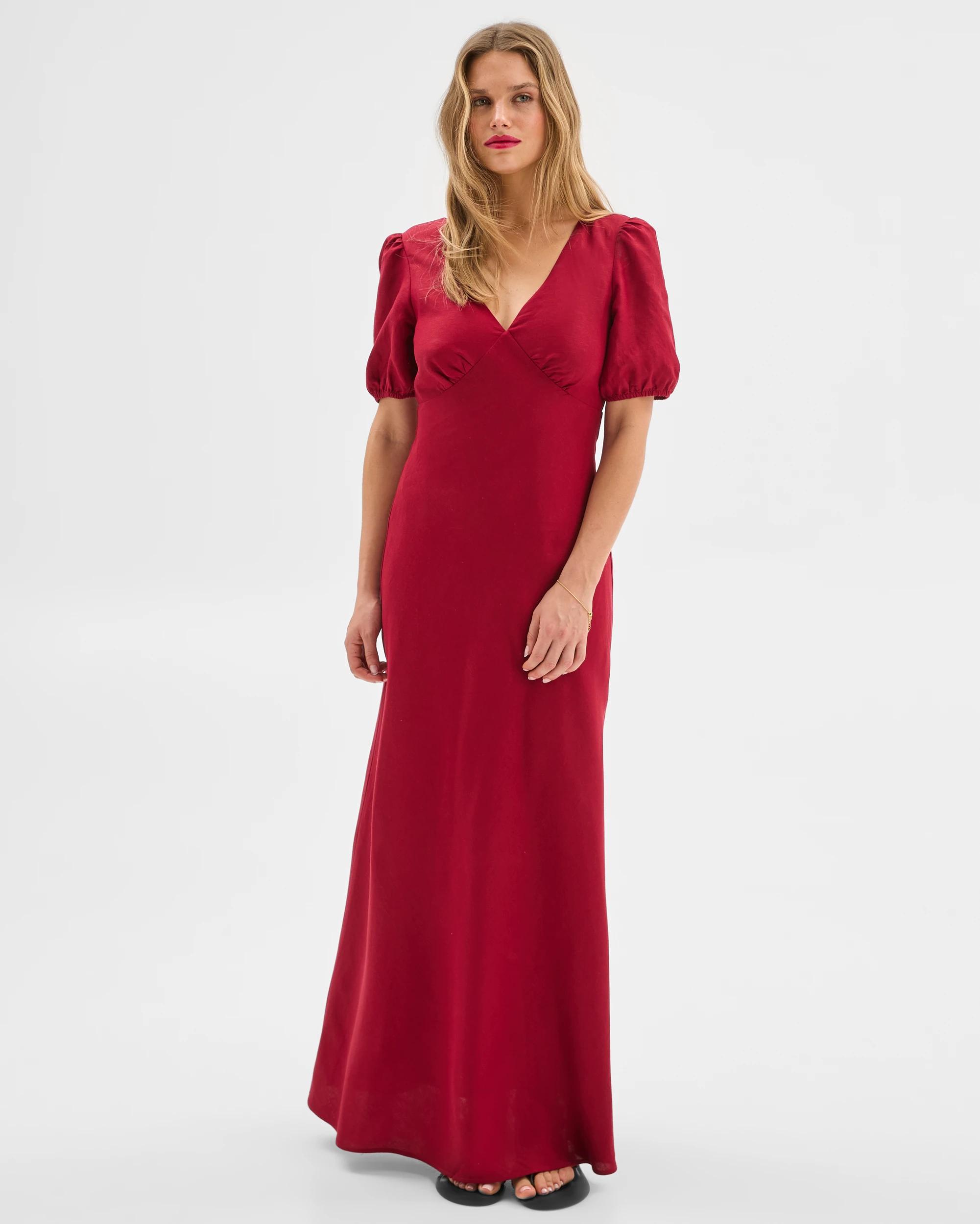 1 European Linen Blend Puff Sleeve Maxi Dress - Lily Loves RHUBARB, 1 of 6