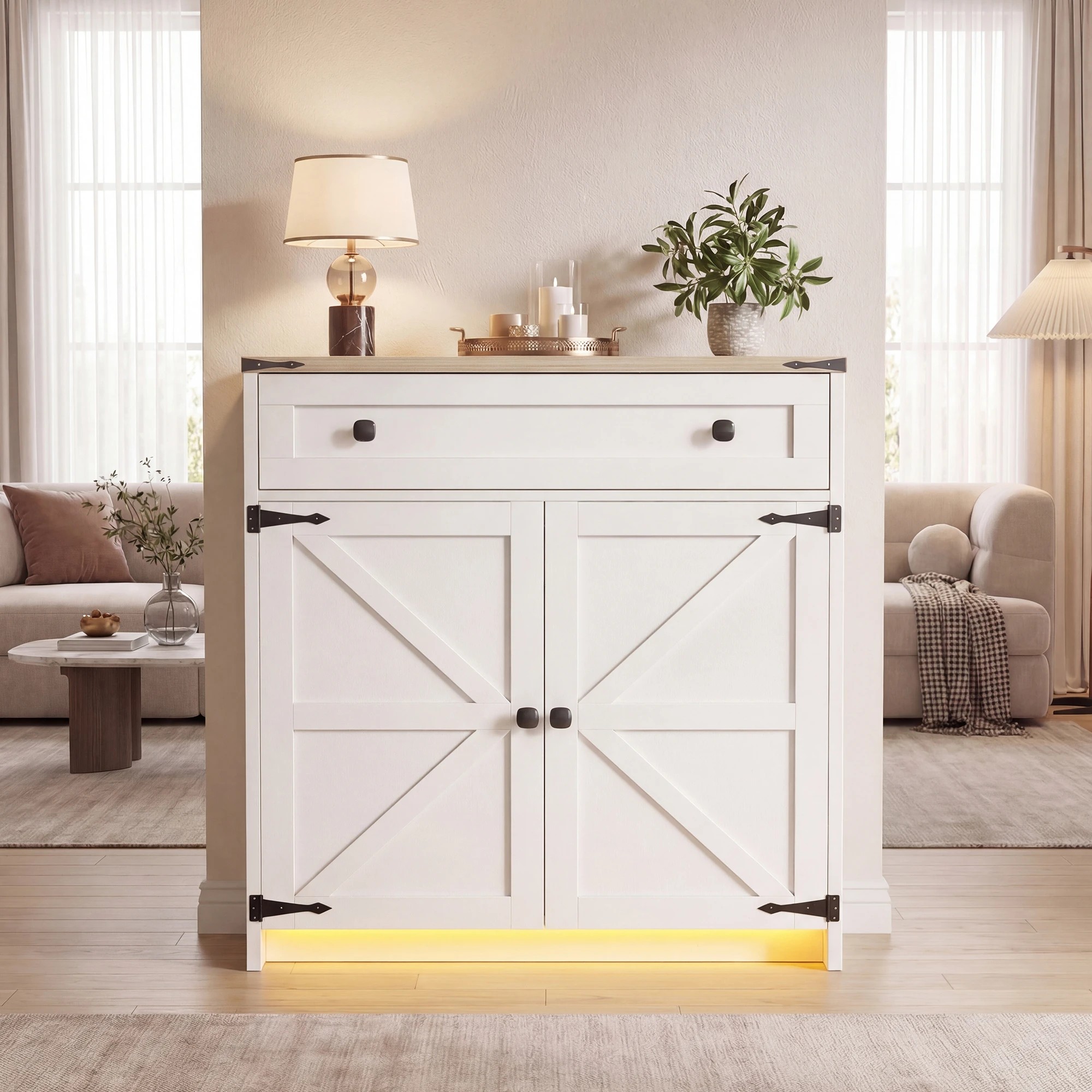 9 Advwin LED Farmhouse Sideboard Buffet Cabinet with 1 Drawer 2 Barn Doors - White, 9 of 10