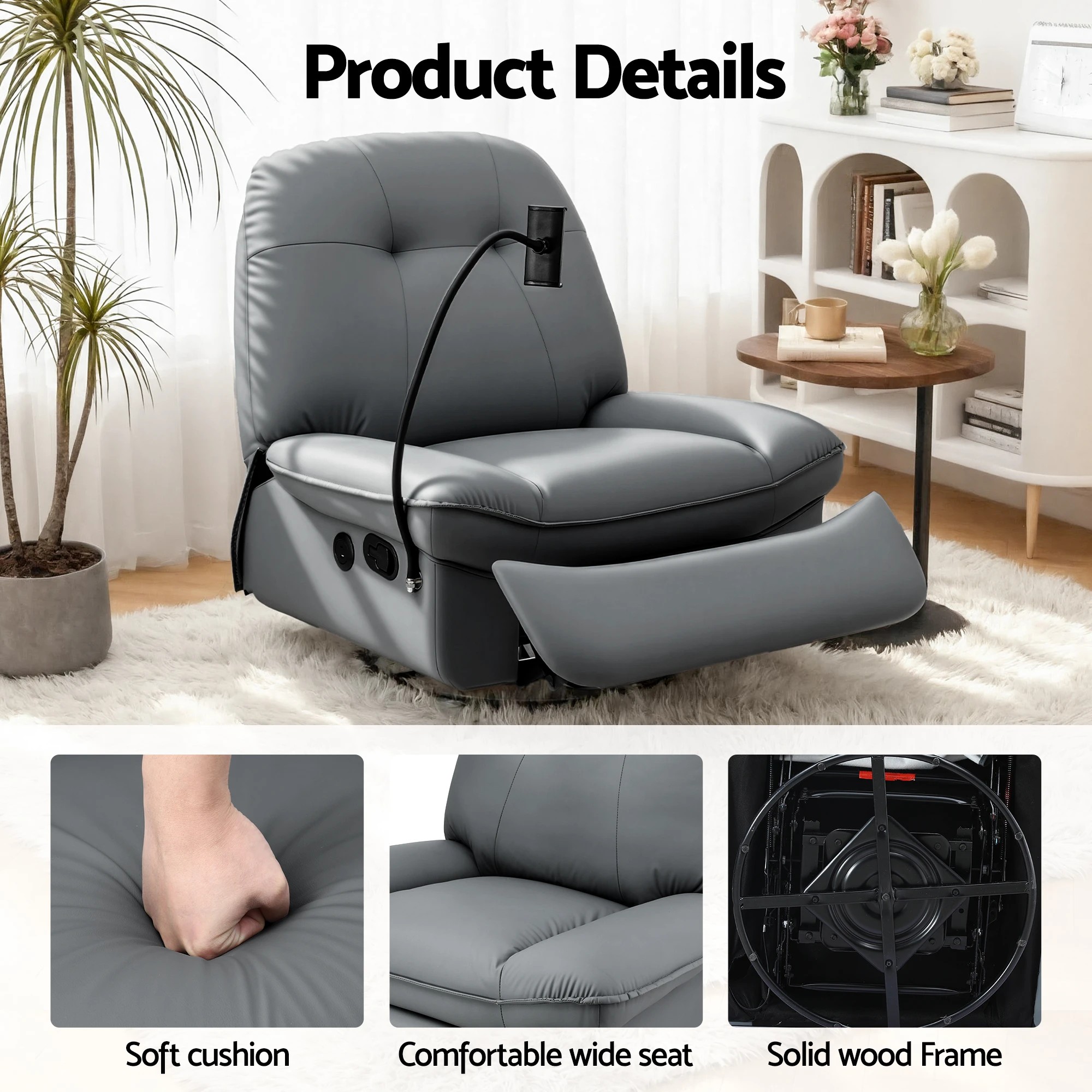 5 Artiss Manual Swivel Rocker Recliner with USB Ports Rocking Chair Nursery Sofa - Grey, 5 of 5