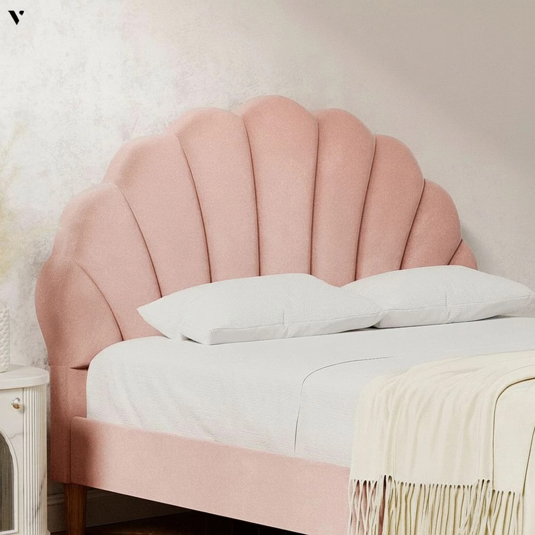 6 Artiss Bed Frame Double Size Scallop-Shape Bedhead Base Upholstered Bedroom Furniture - Pink, 6 of 7