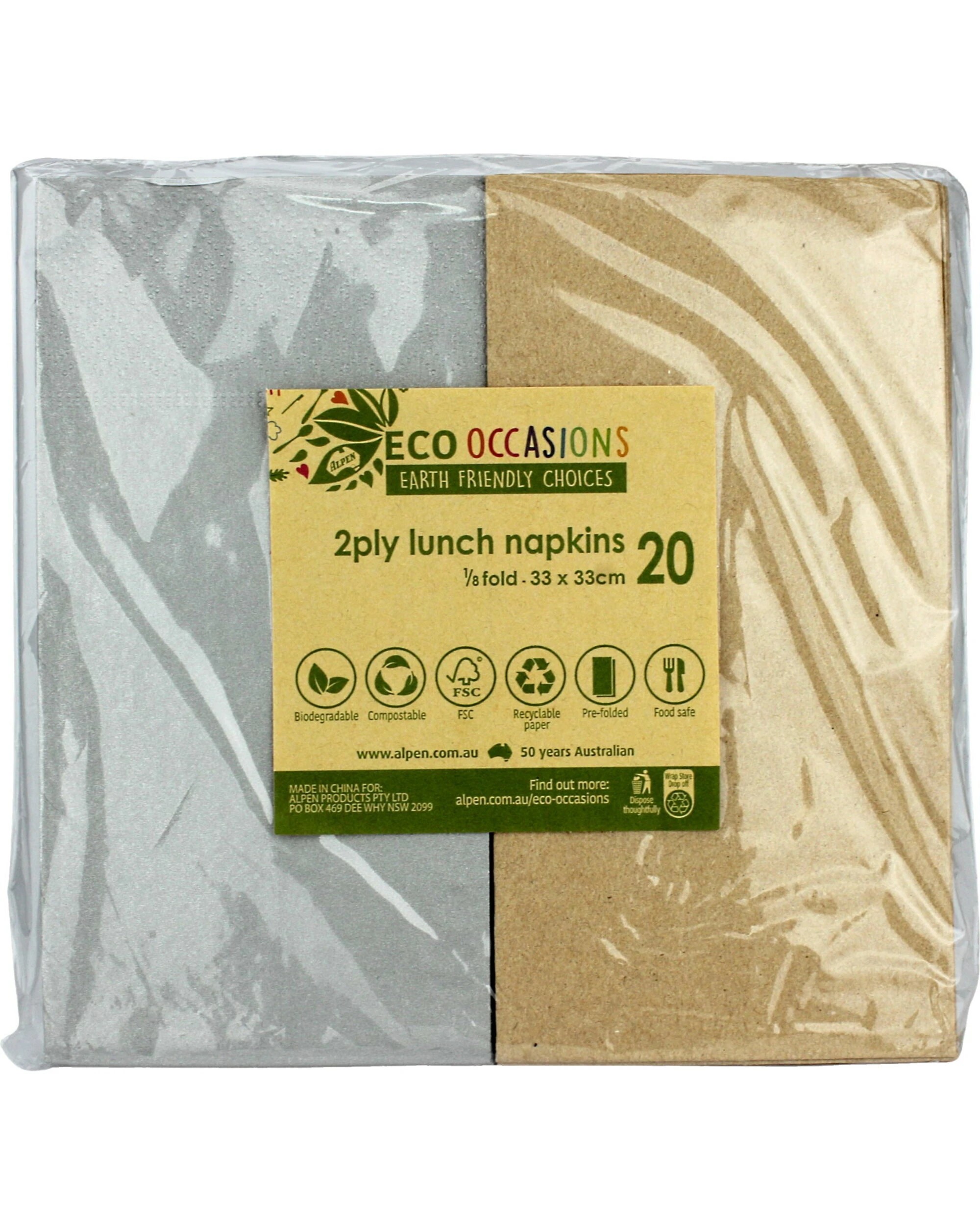 2 Alpen Metallic and Eco Brown Napkins Serviettes 1 8 GT Fold Pack of 20 - Silver, 2 of 2