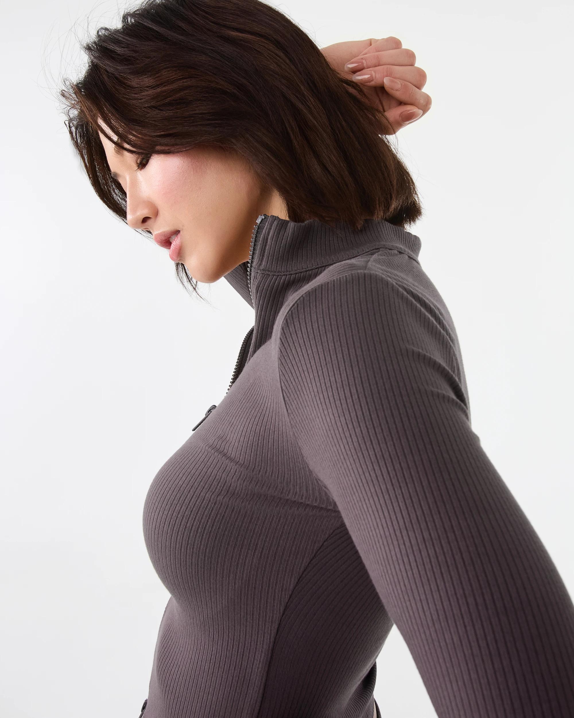 5 Active Womens Ribbed Zip Through Long Sleeve Top Espresso, 5 of 10