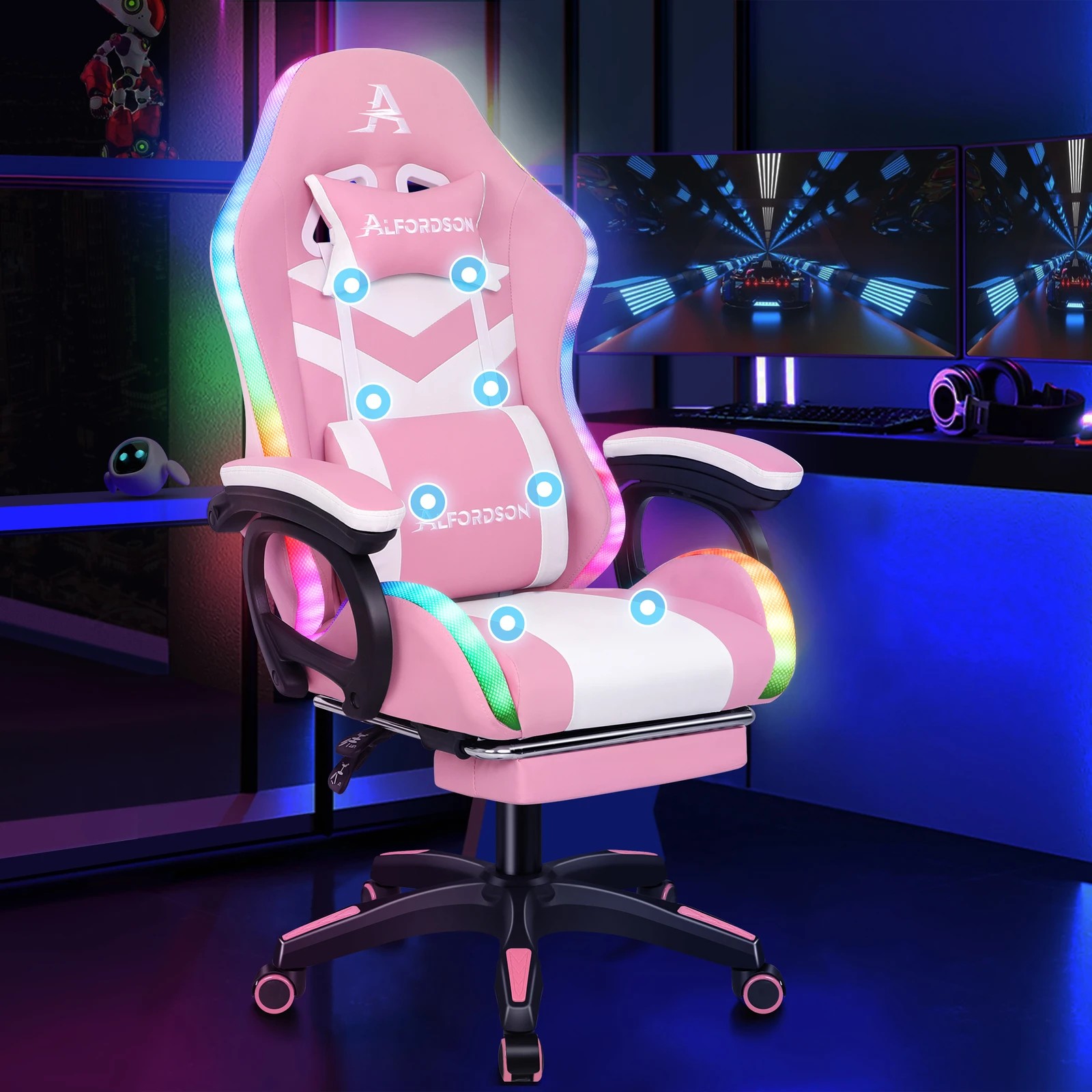 3 Alfordson Gaming Office Chair 12 RGB LED Massage Computer Seat Footrest - Pink, 3 of 10