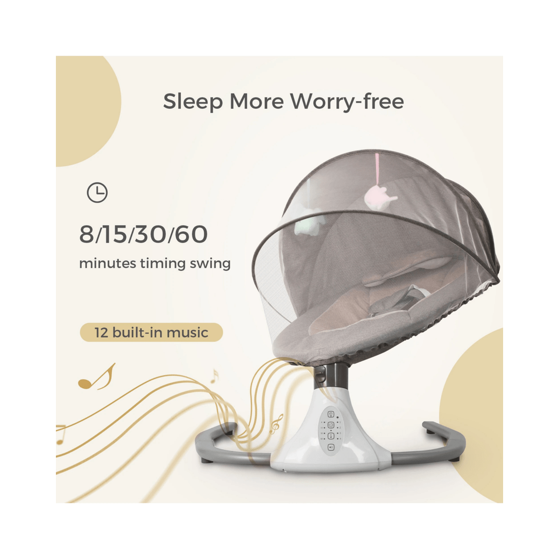 8 Advwin Electric Baby Swing Baby Bouncer Rocker W/ Mosquito Net Toddler Seat Soft Peachskin Grey, 8 of 9