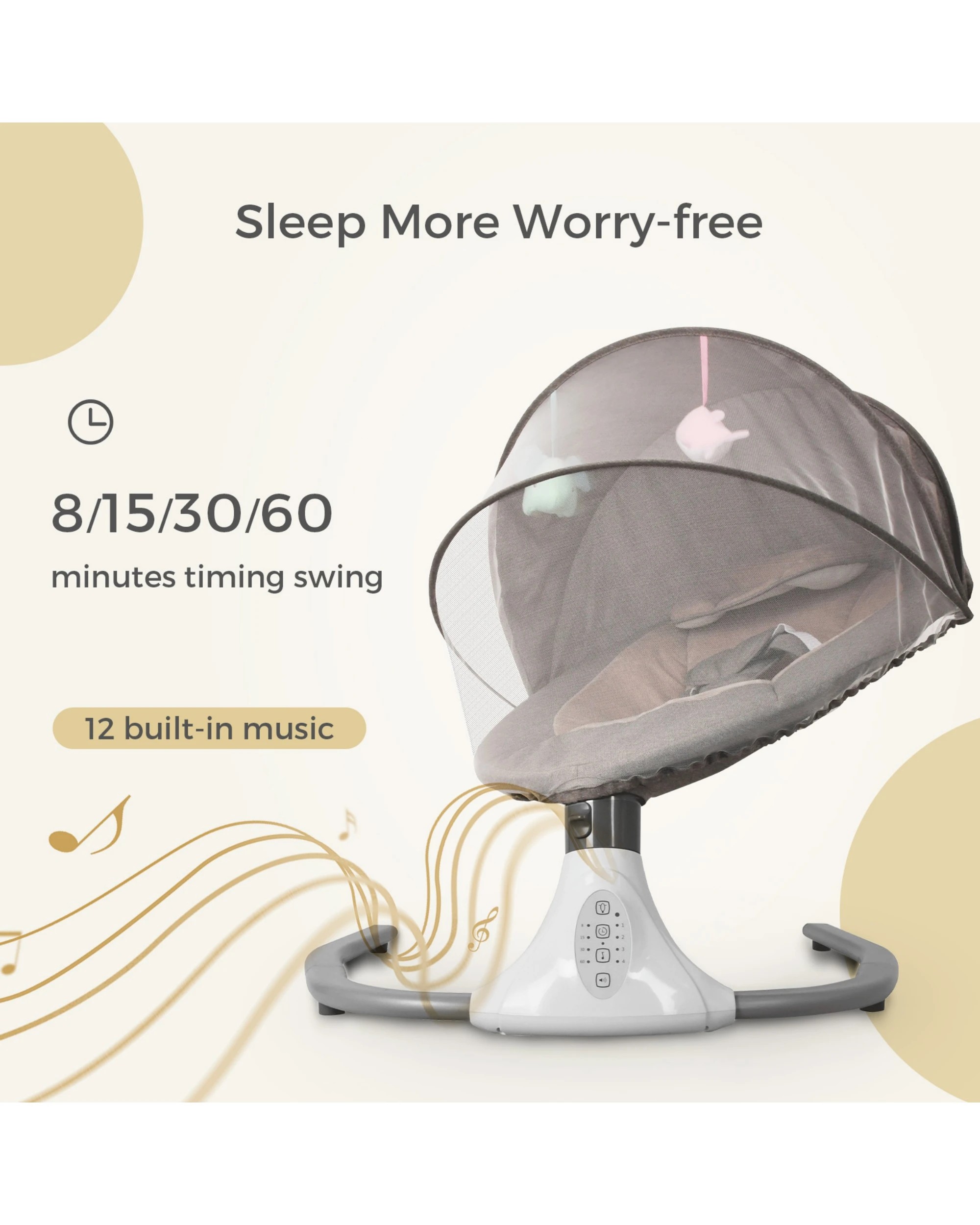 8 Advwin Electric Baby Swing Baby Bouncer Rocker w/ Mosquito Net Toddler Seat Soft Peachskin Grey, 8 of 9