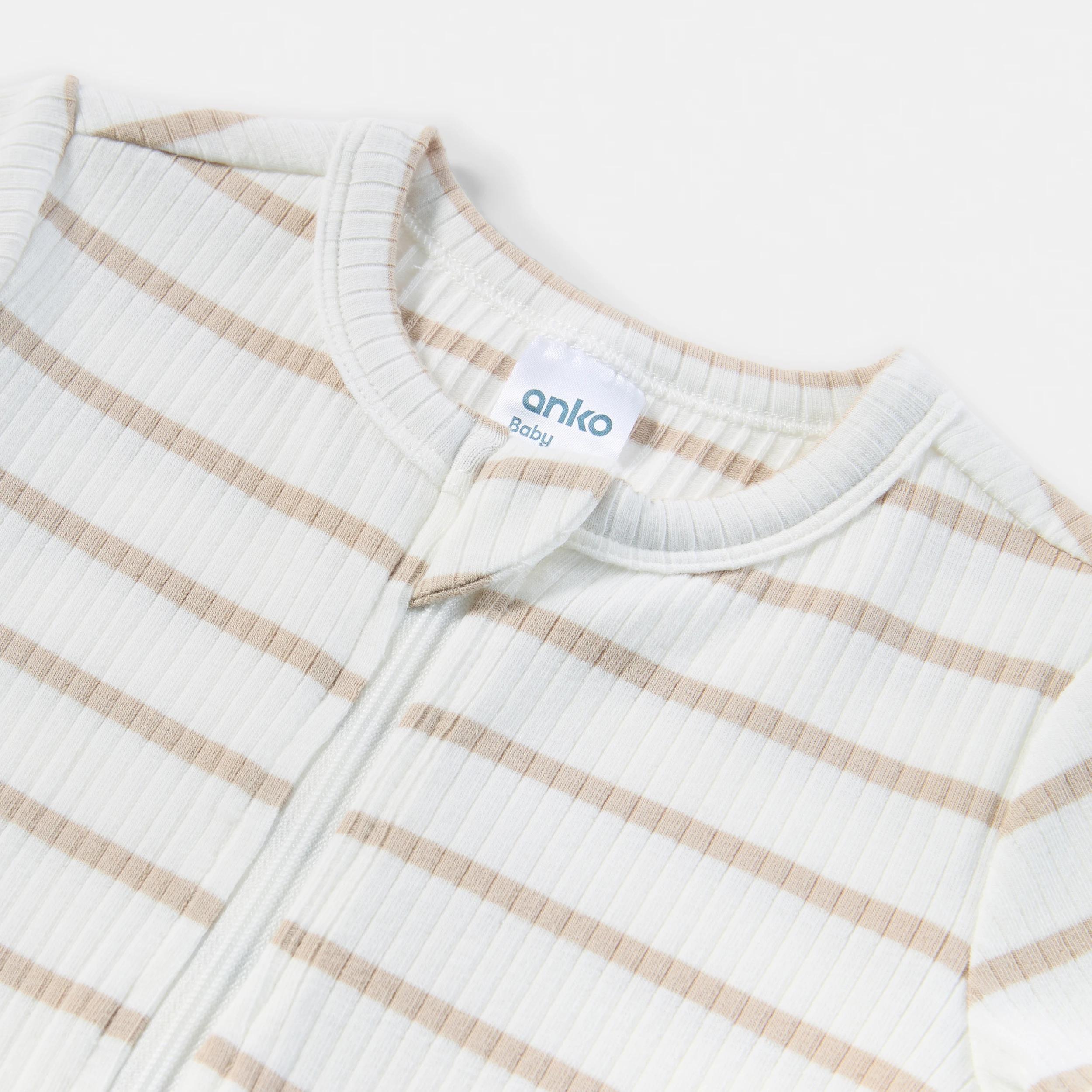 3 Short Sleeve Rib Zip Romper BEIGE STRIPES, 3 of 3