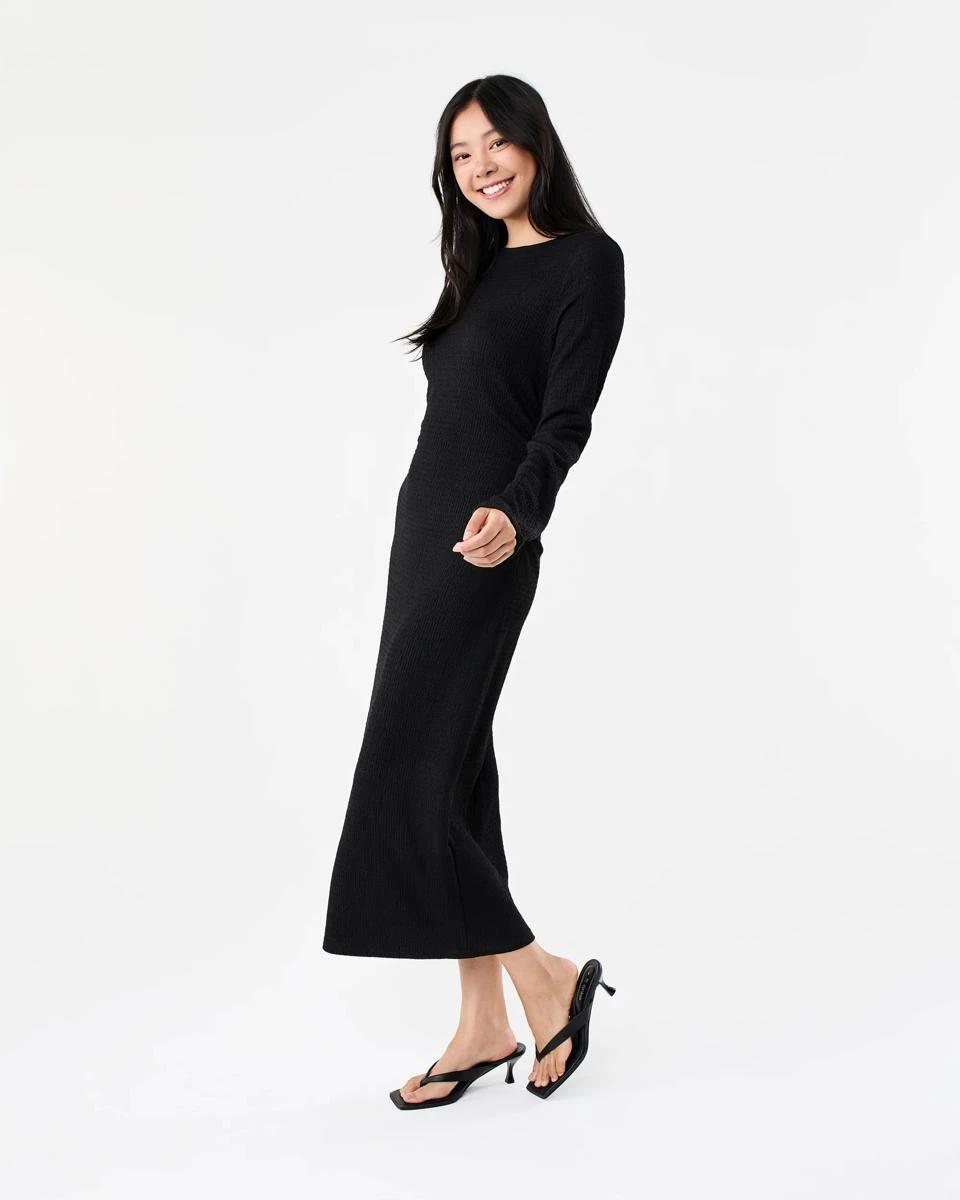 2 Long Sleeve Crinkle Ruched Midi Dress Black, 2 of 8
