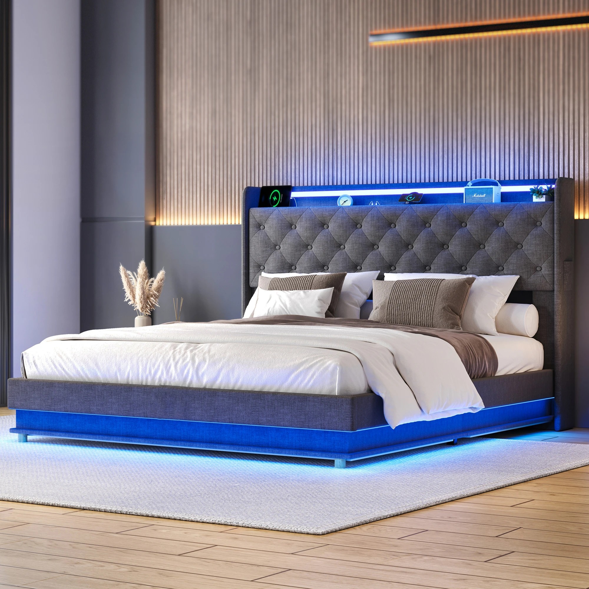 7 Levede D Size Bed Frame Fabric with LED and Charging Station, 7 of 9