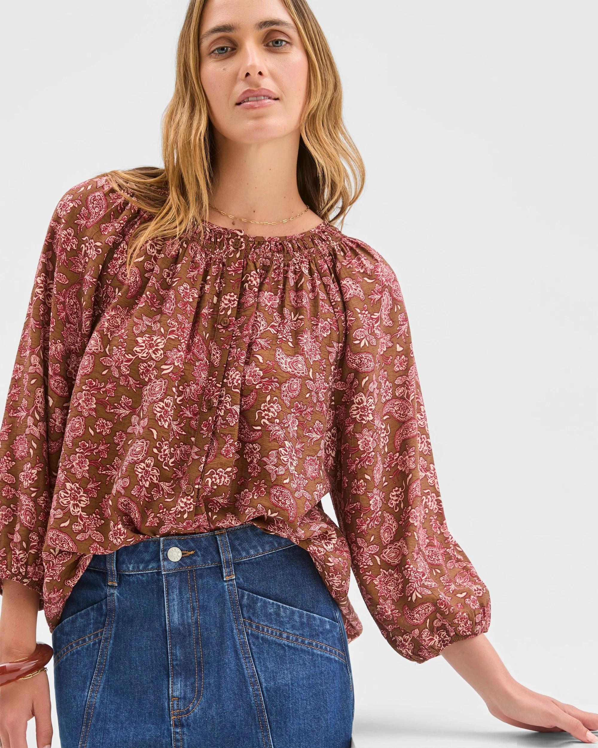 3 Target Woman 3/4 Sleeve Shirred Neck Blouse IVY LEAVES, 3 of 5