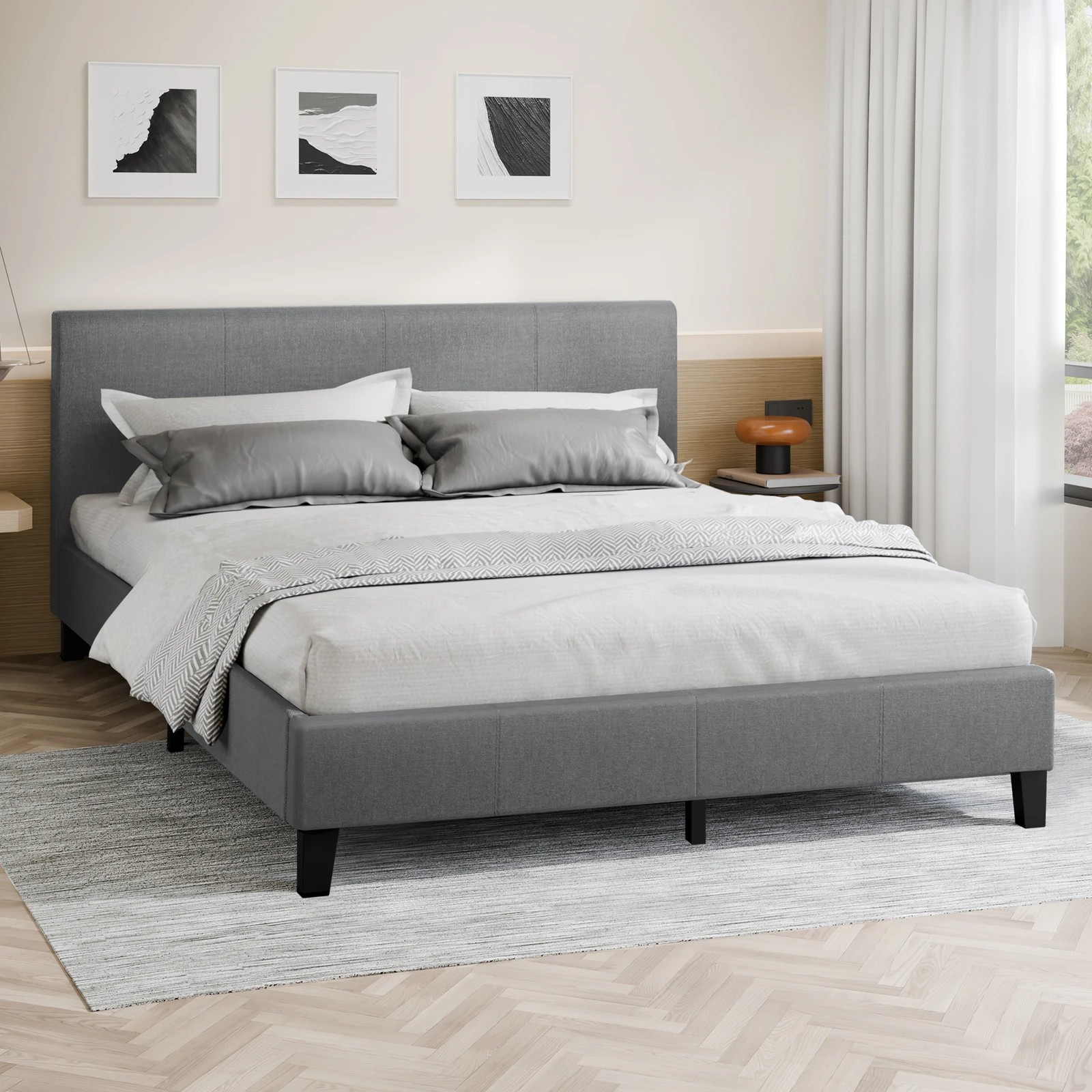 2 Alfordson Bed Frame King Size Mattress Base Wooden Platform Fabric - Grey, 2 of 10