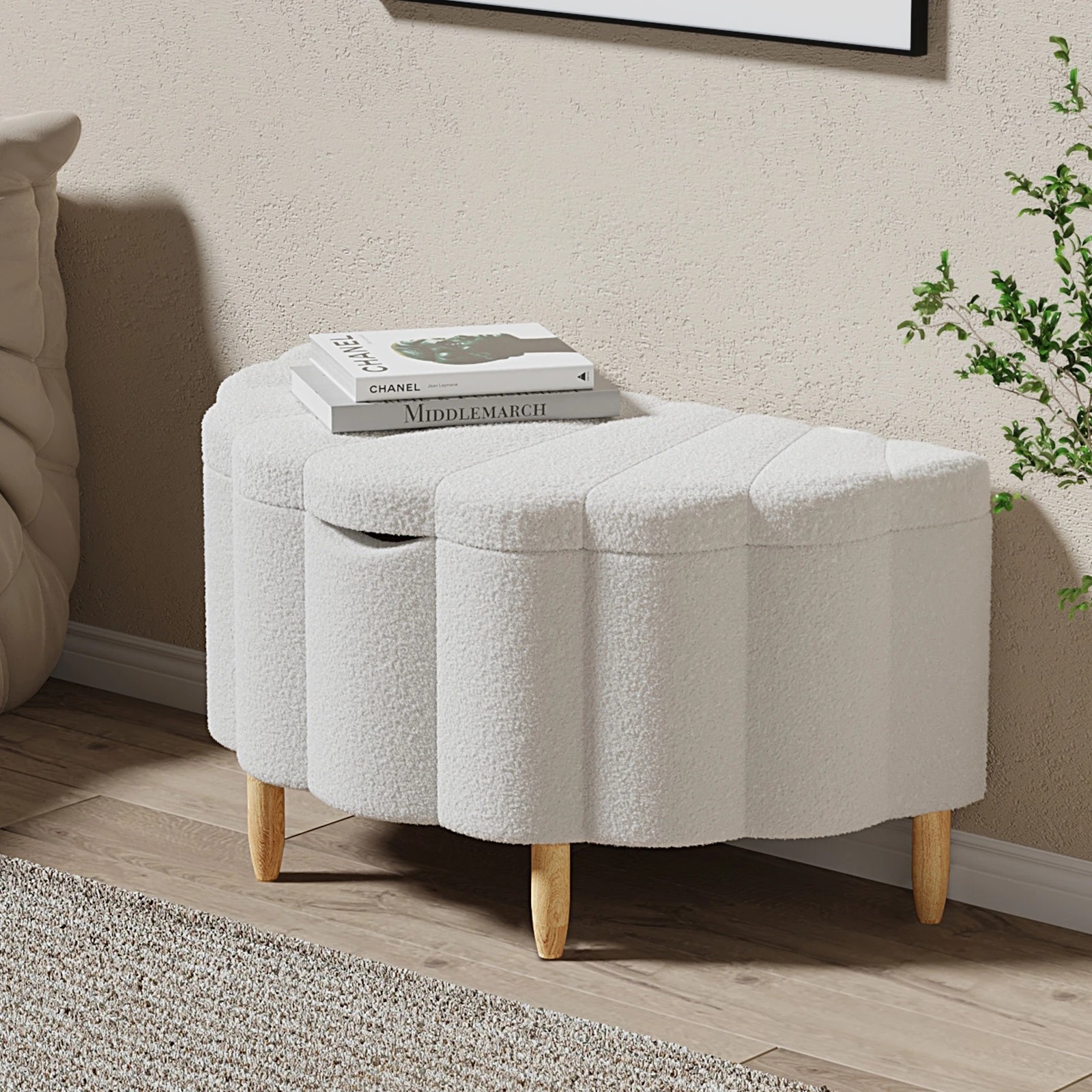 2 Oikiture Storage Ottoman Scallop Boucle Blanket Box Fleece Foot Stool Seat Chest
 - White, 2 of 10