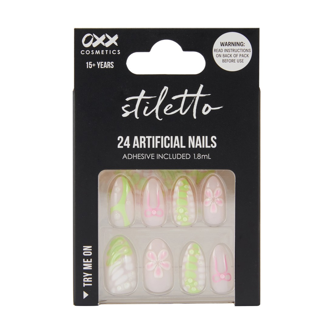 1 OXX Cosmetics 24 Pack Artificial Nails with Adhesive - Stiletto Shape, 3D Lime, 1 of 4