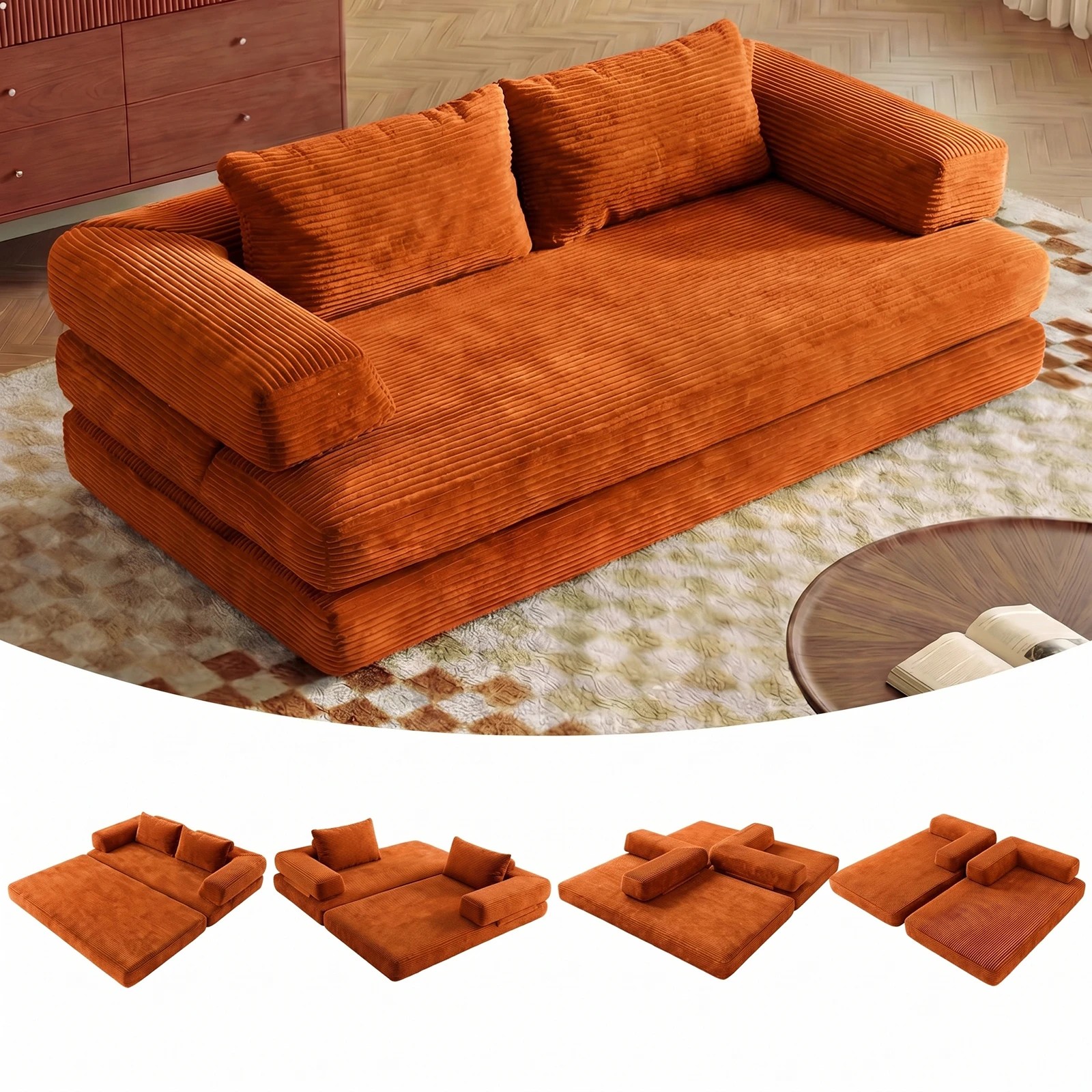 1 Advwin Folding Sofa Bed 5 in 1 Convertible Floor Loveseat Fold Out Corduroy Sleeper Couch- Orange, 1 of 7