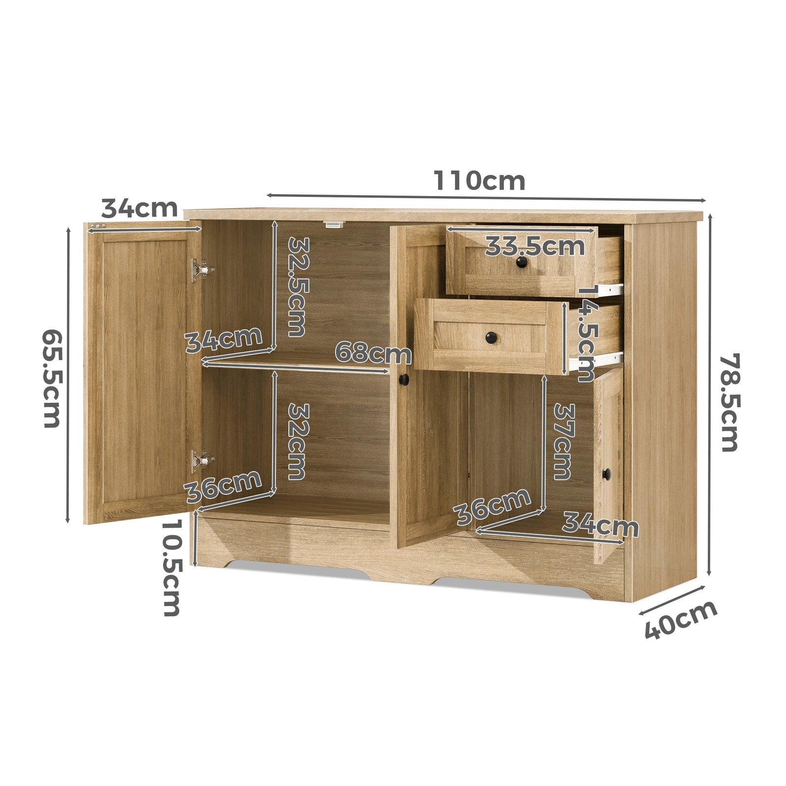 2 Alfordson Sideboard Buffet Cupboard Storage Cabinet - Oak, 2 of 10