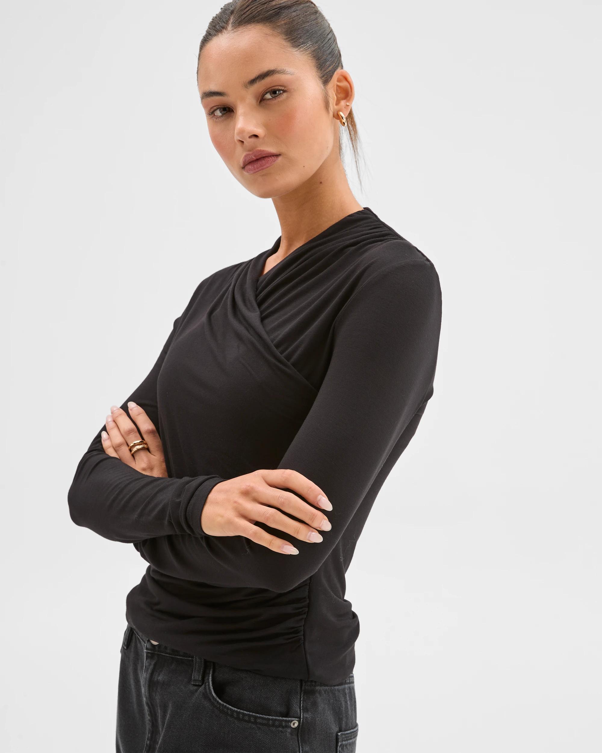6 Lily Loves Long Sleeve Crossover Drape Top BLACK, 6 of 8