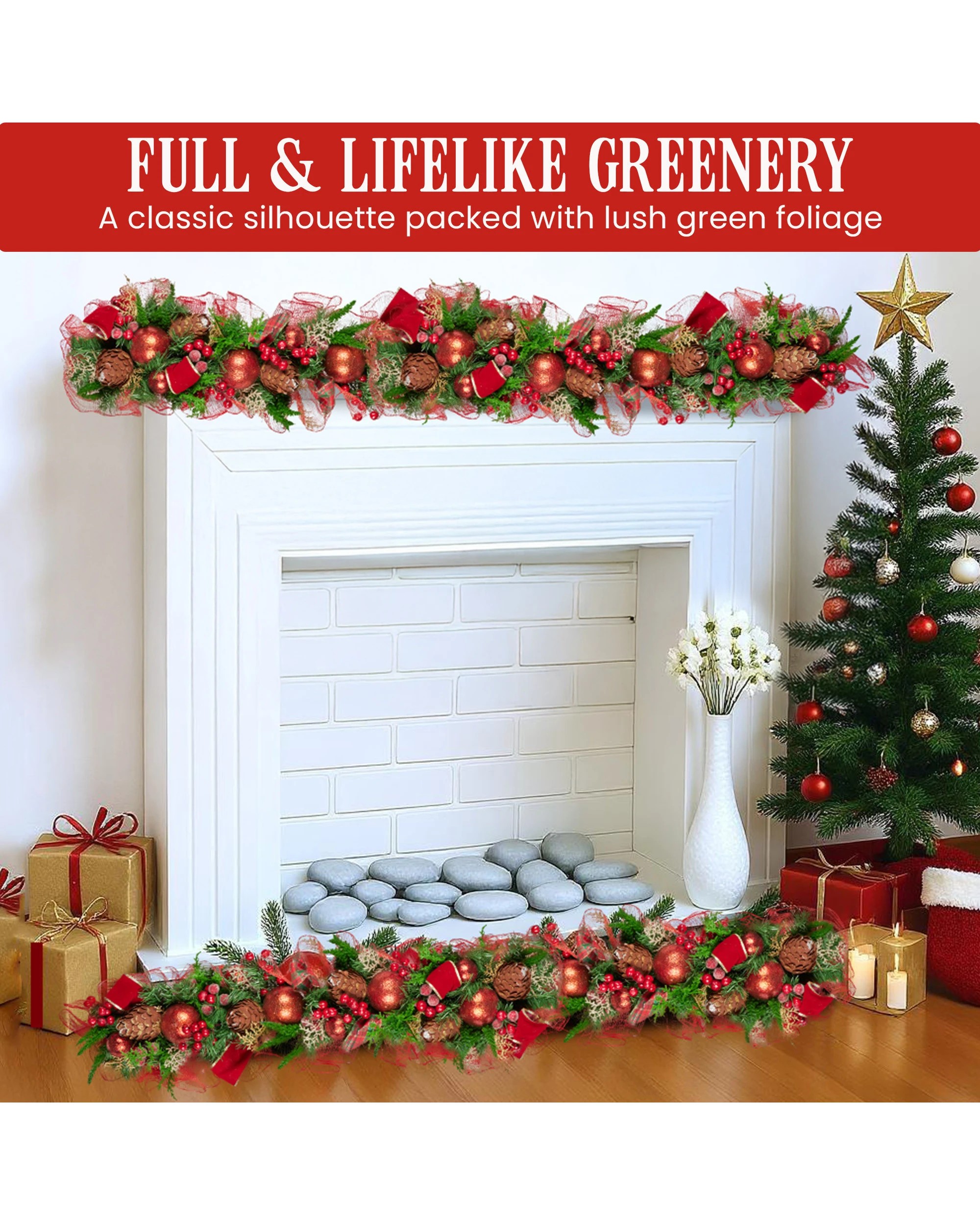 4 Christabelle 1m Christmas Garland With Red Berries Pine Cones Baubles Berries Tree Decoration Ornament, 4 of 8