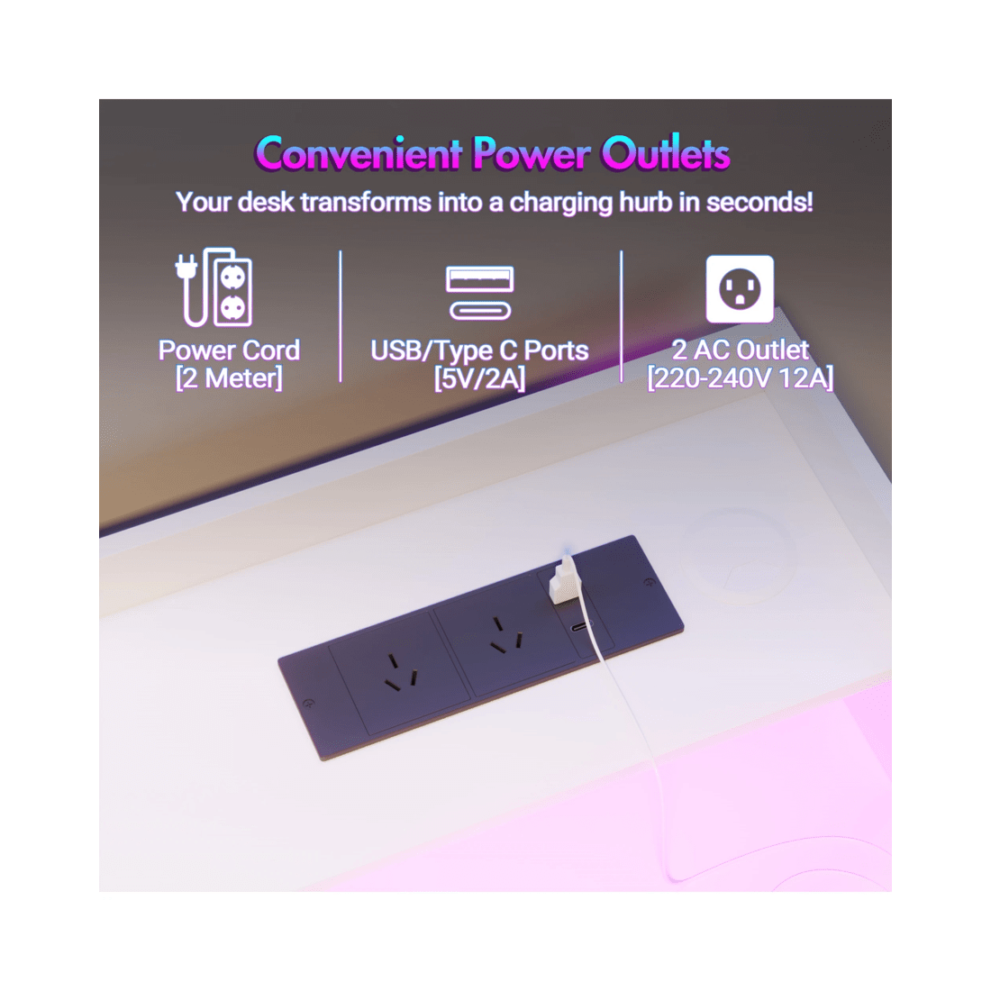 7 Advwin Led Rgb Light Electric Standing Desk With Power Outlets & Monitor Stand 120cm
 - White, 7 of 9