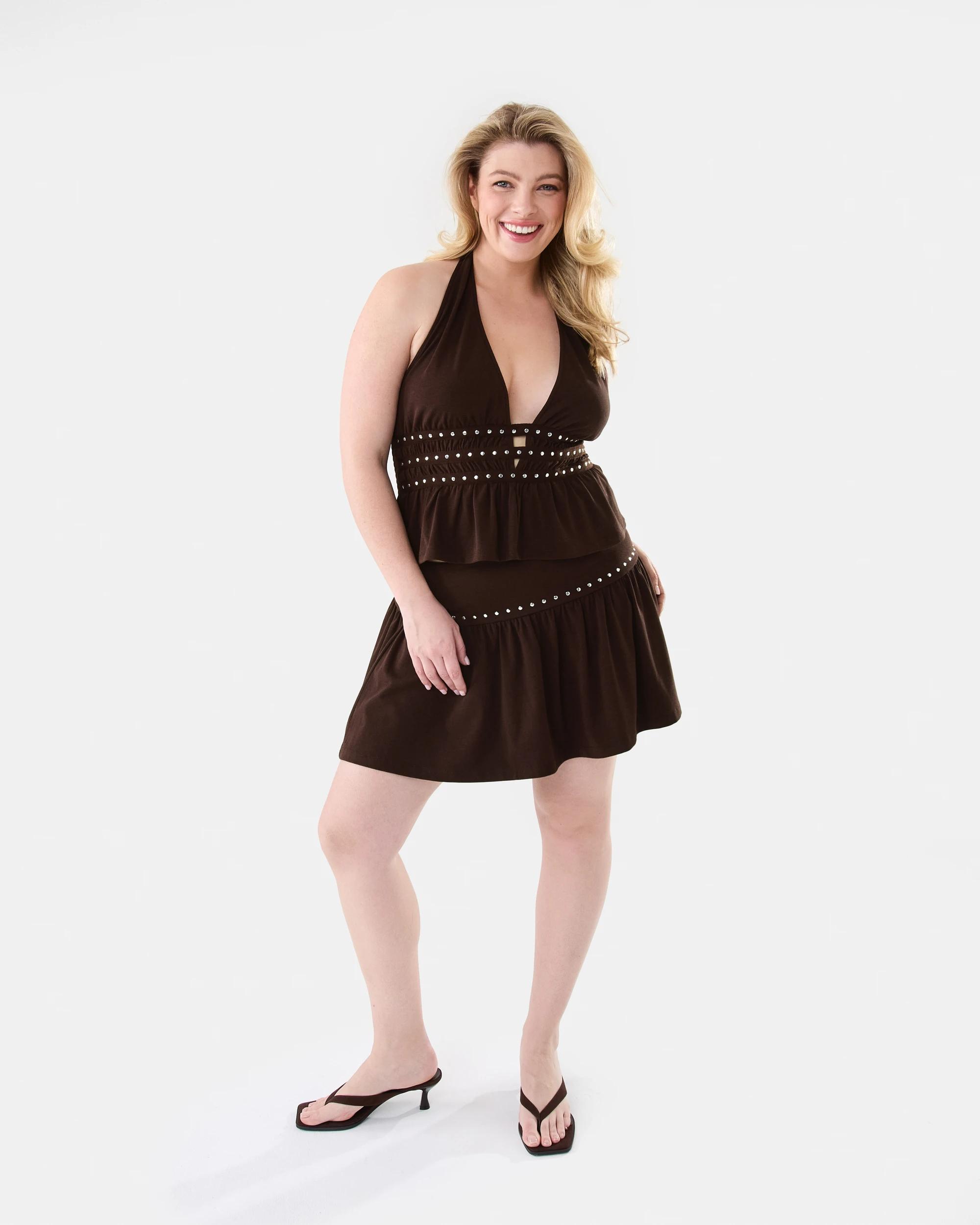 4 Studded Mini Jersey Skirt Choc Plum, 4 of 9