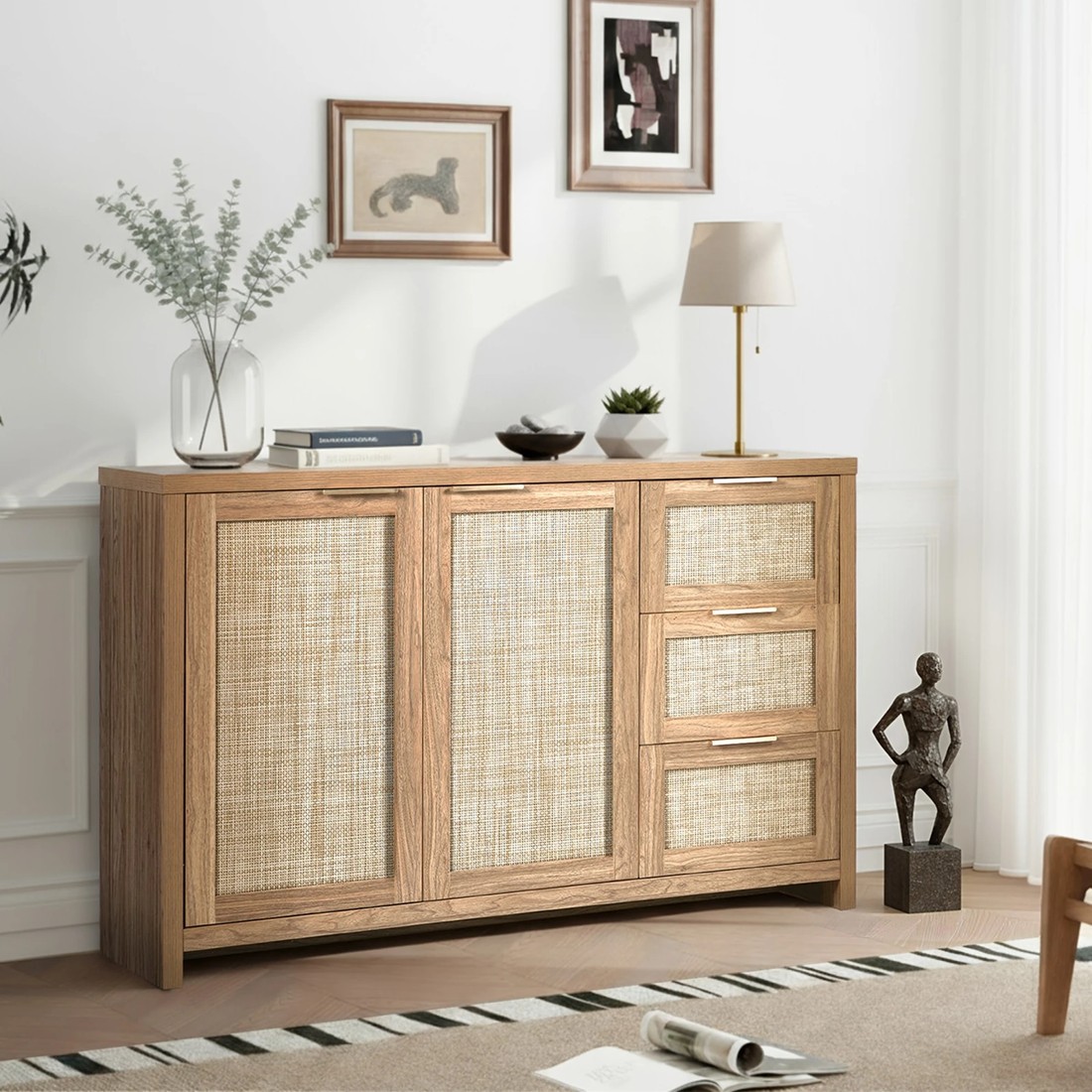 4 Oikiture Rattan Buffet Sideboard Storage Cabinet 3 Drawers - Natural, 4 of 10