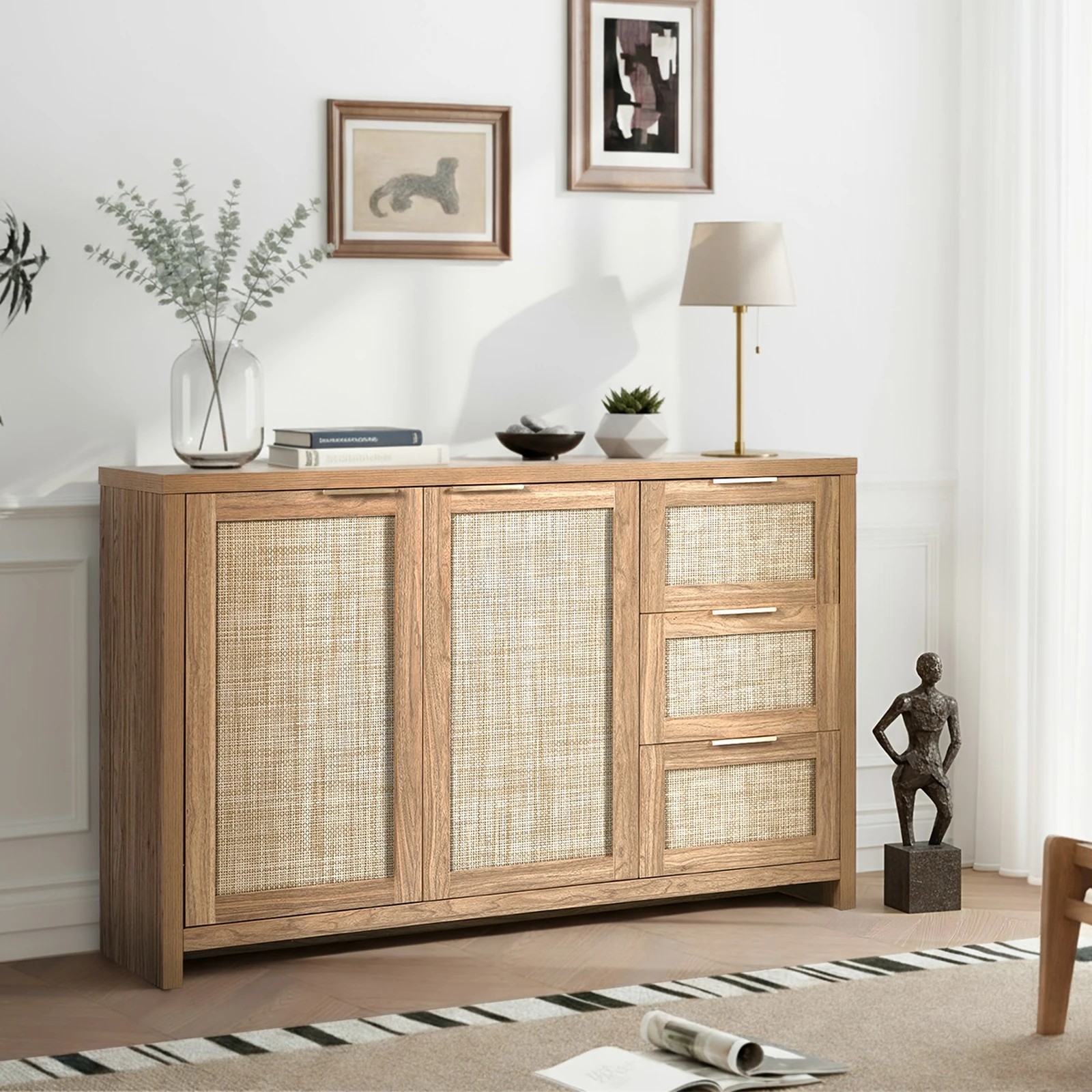4 Oikiture Rattan Buffet Sideboard Storage Cabinet 3 Drawers - Natural, 4 of 10