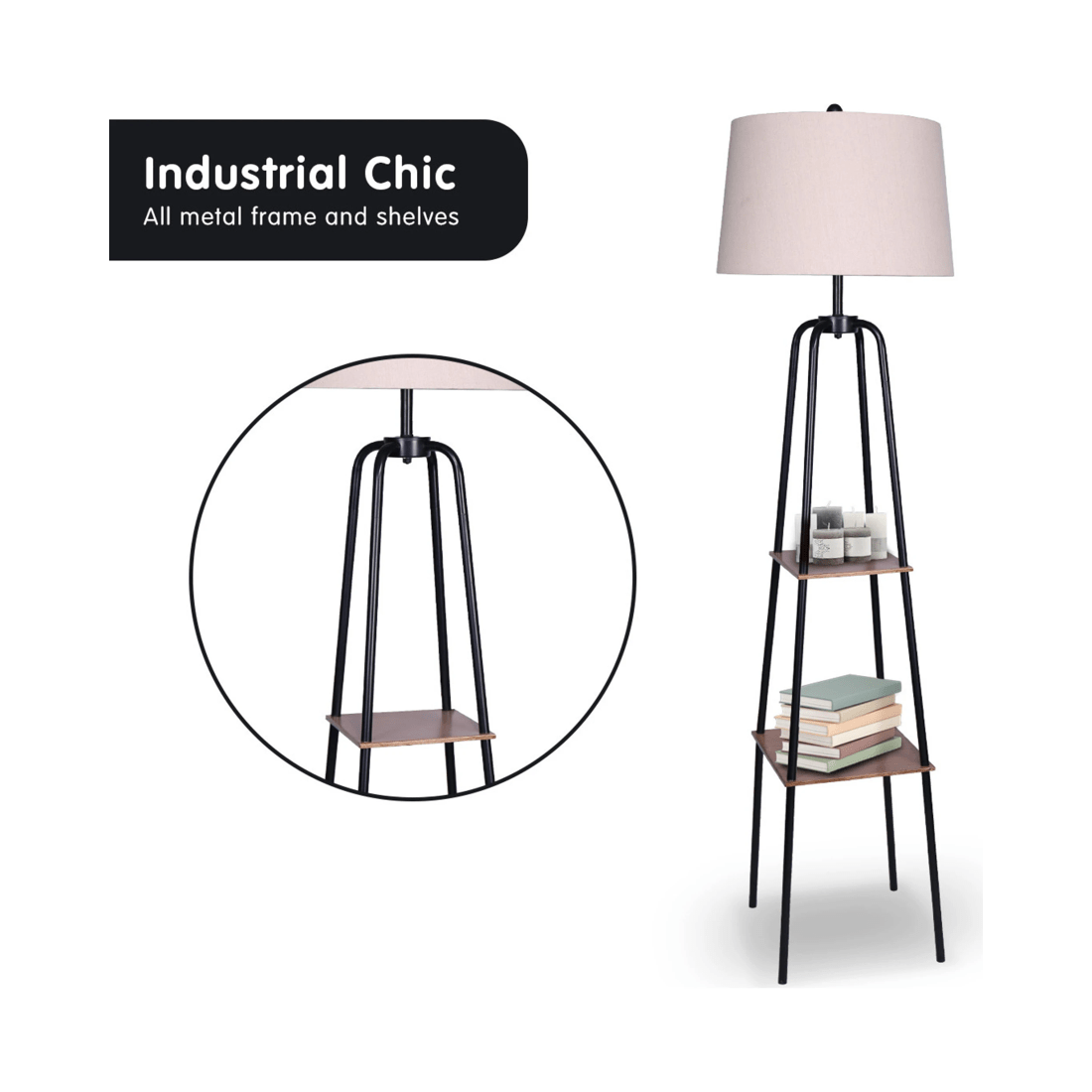 3 Sarantino Metal Etagere Floor Lamp Shade Metal Shelf In Wood Finish, 3 of 5