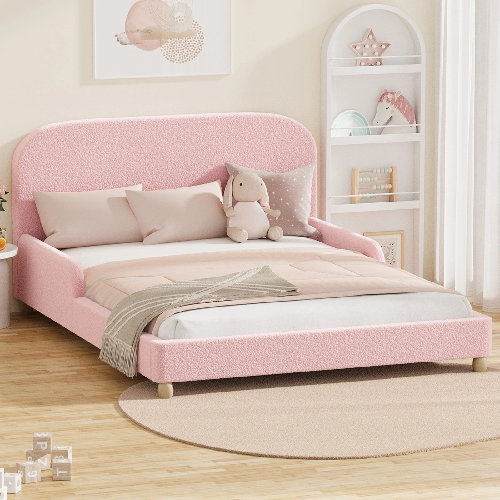3 Oikiture Kids Bed Frame Double Size With Side Guard Rails Boucle - Pink, 3 of 7