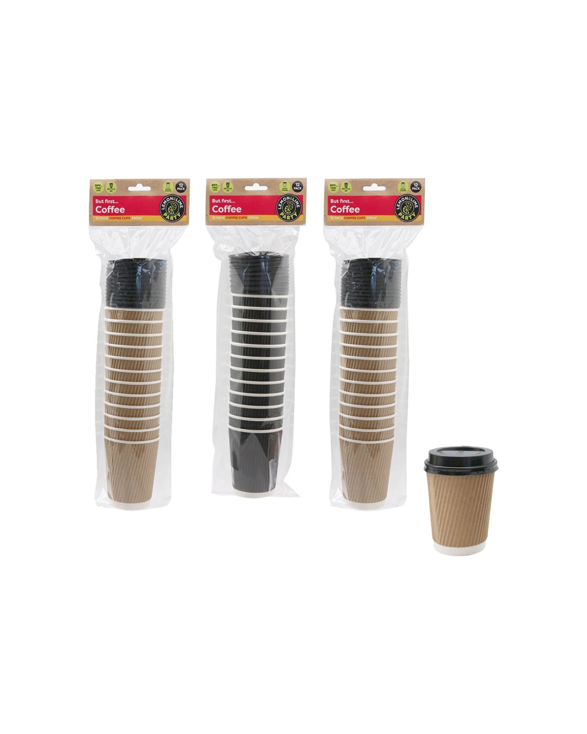 1 Lemon & Lime 3x 12pc 280ml Ripple Wall Coffee Cups With Lids - Multi, 1 of 3
