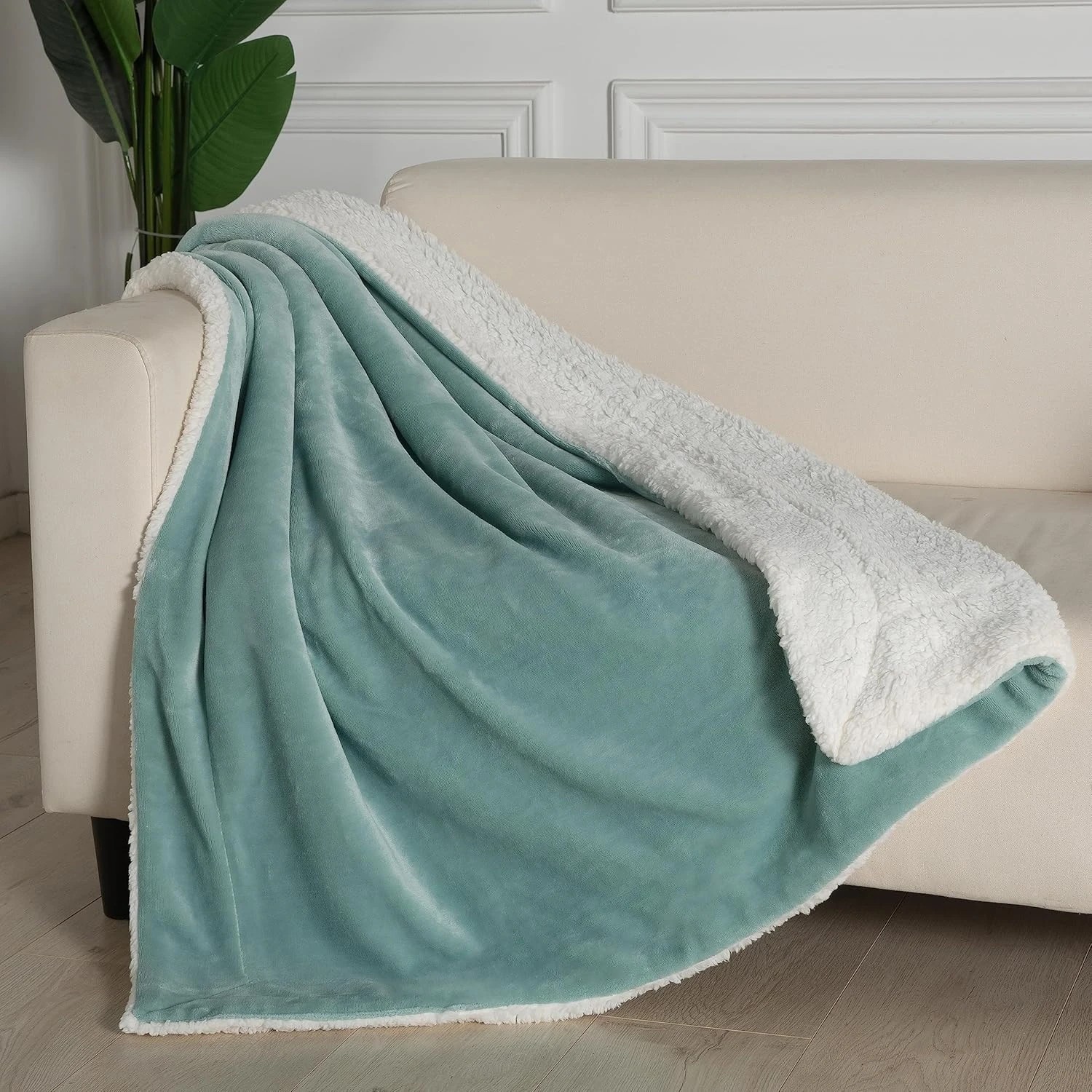 1 Gioia Casa Teddy Sherpa Throw Reversible Soft Flannel Velvet Throw Blanket - Sage, 1 of 5