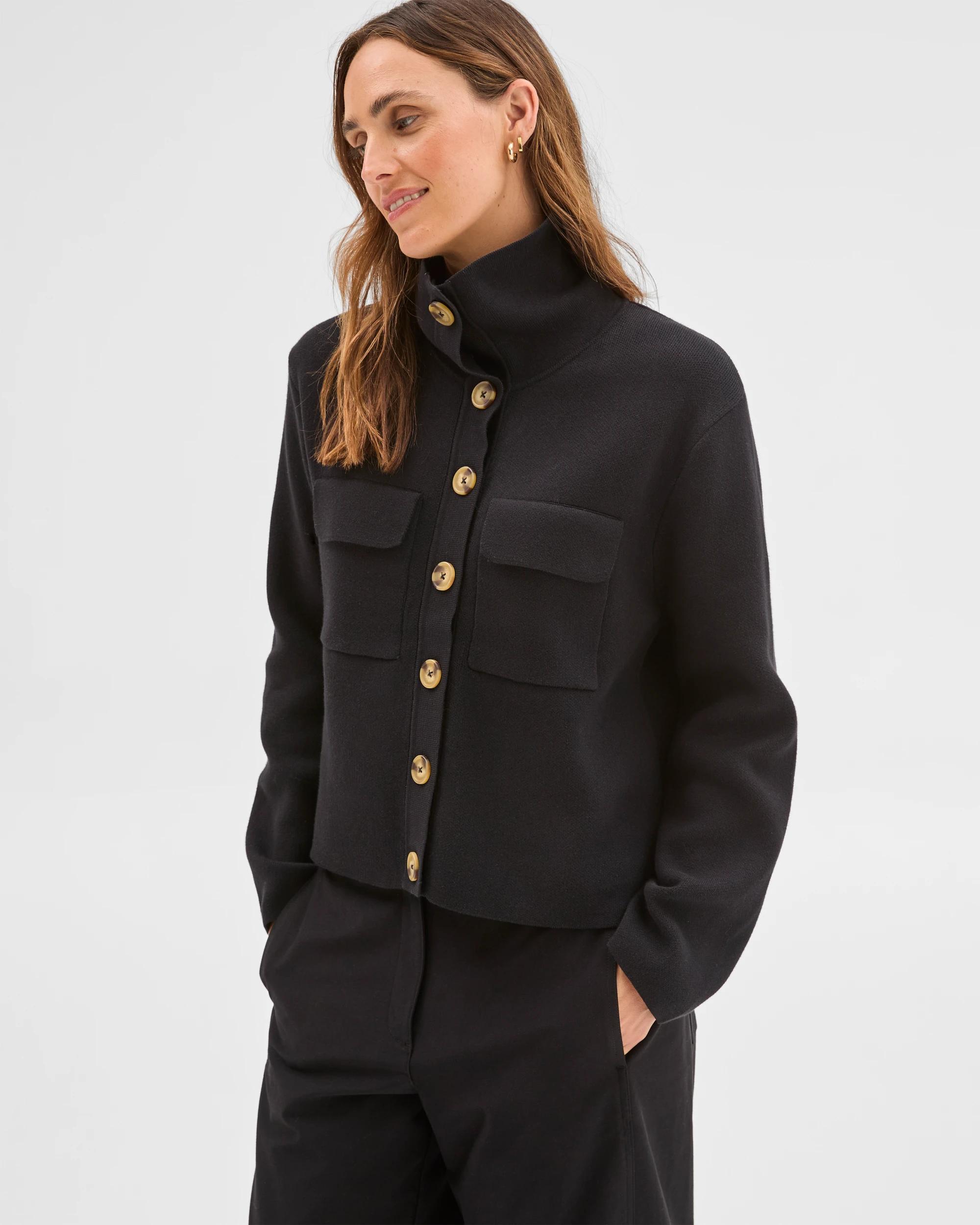 1 Target Woman Australian Cotton Funnel Neck Cocoon Knit Jacket BLACK, 1 of 5