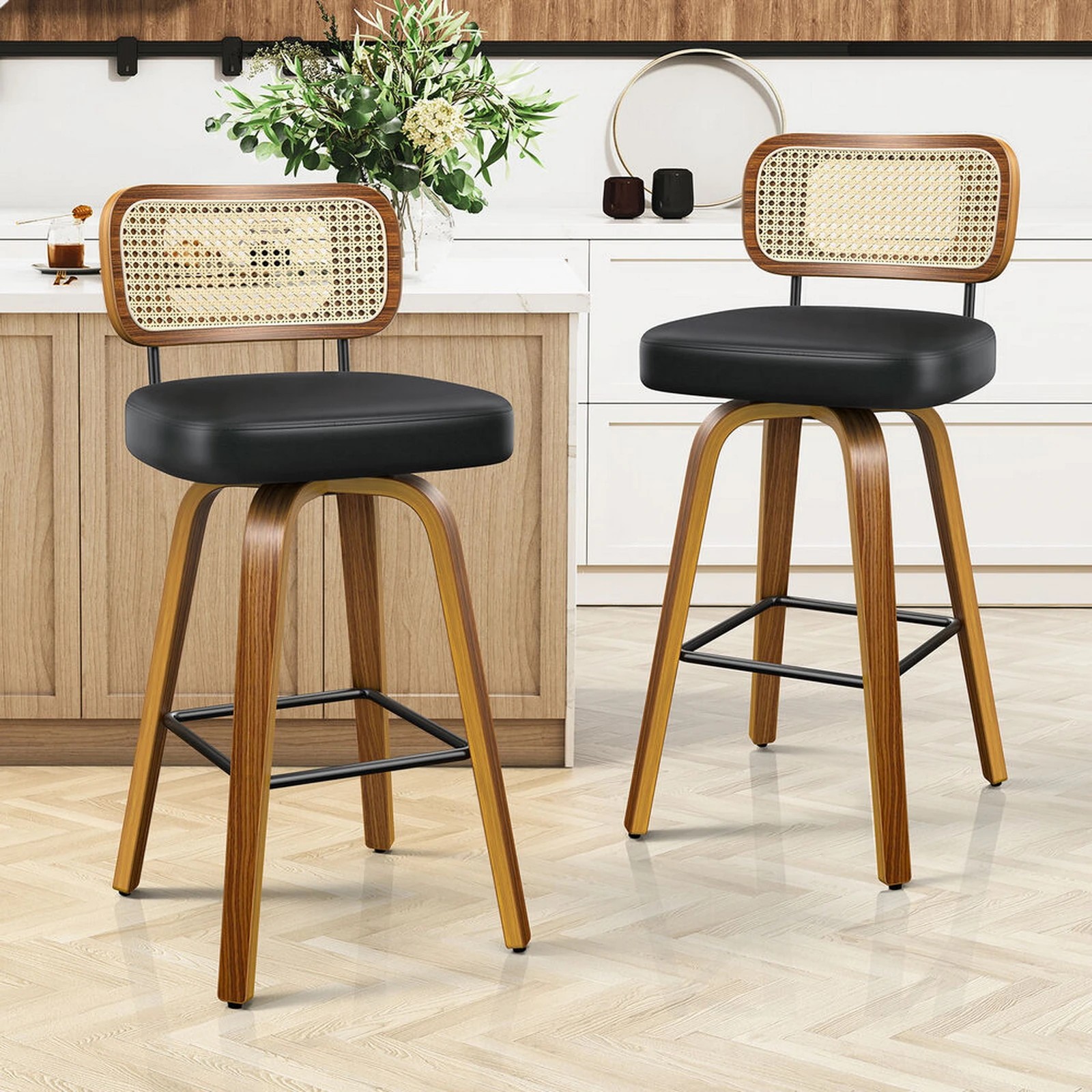 9 Alfordson 2x Bar Stools Kitchen Vintage Leather Seat Rattan Chair - Black, 9 of 9