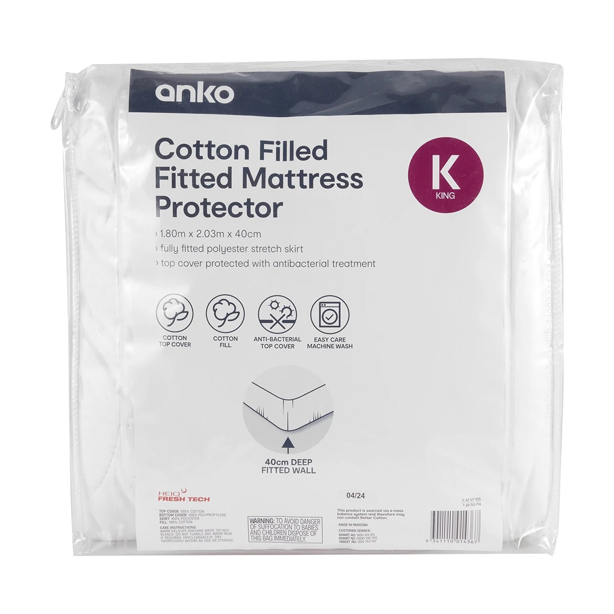 1 Cotton Filled Fitted Mattress Protector - King Bed, White, 1 of 5
