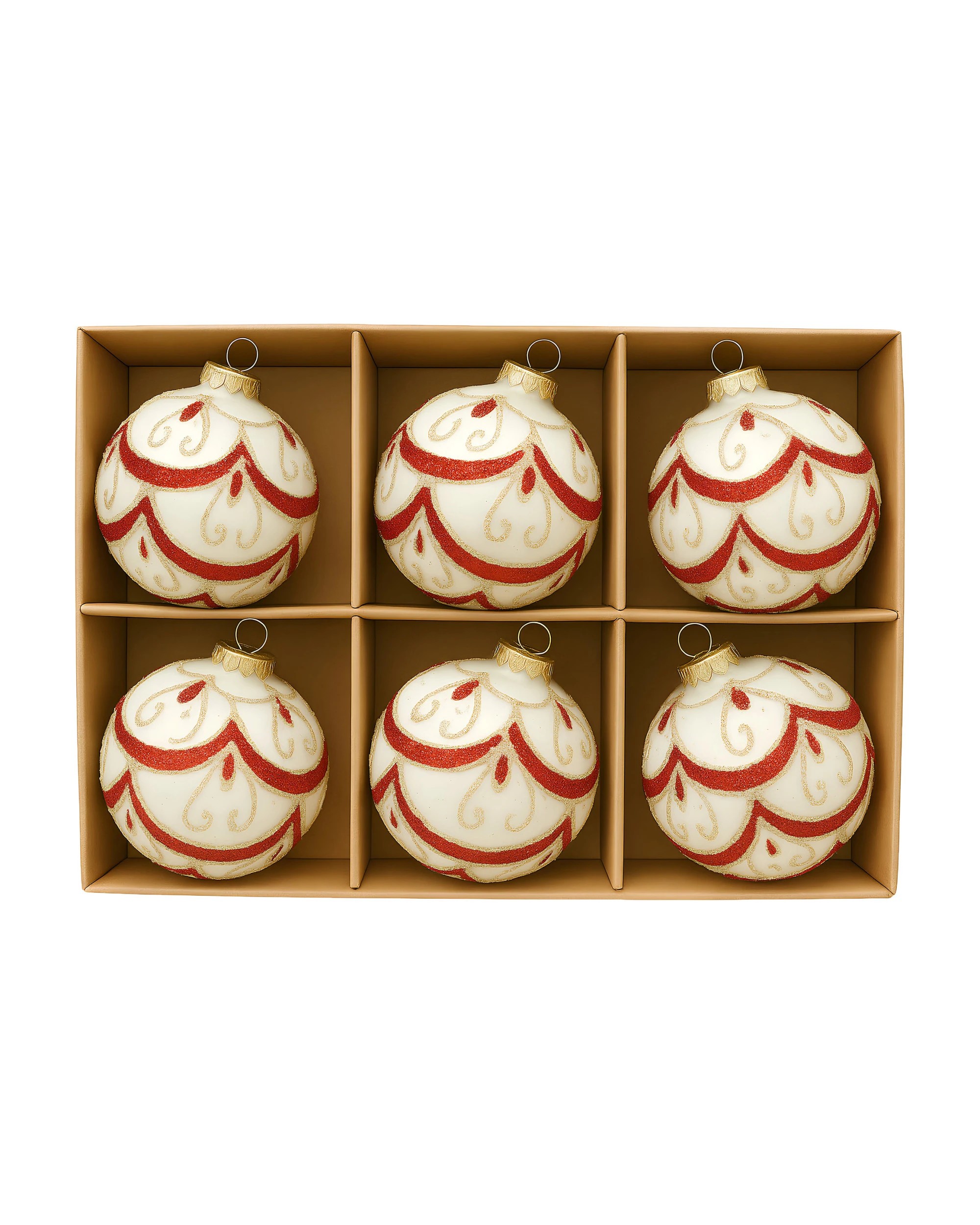 6 Christabelle White Glass Baubles 6Pcs with Red and Champagne Sparkle Swirls Balls Christmas Tree Decoration Ornament, 6 of 8
