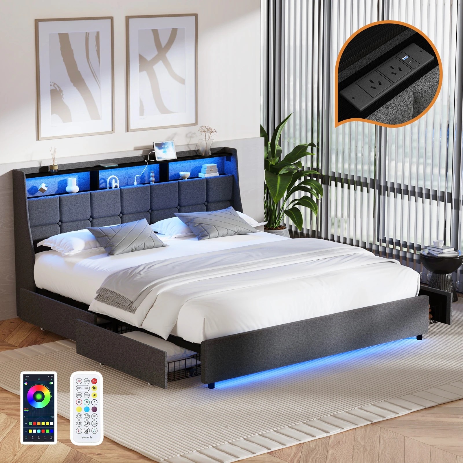 3 Oikiture King Size Bed Frame with LED Lights and Storage Headboard & 4 Drawers- Grey, 3 of 7
