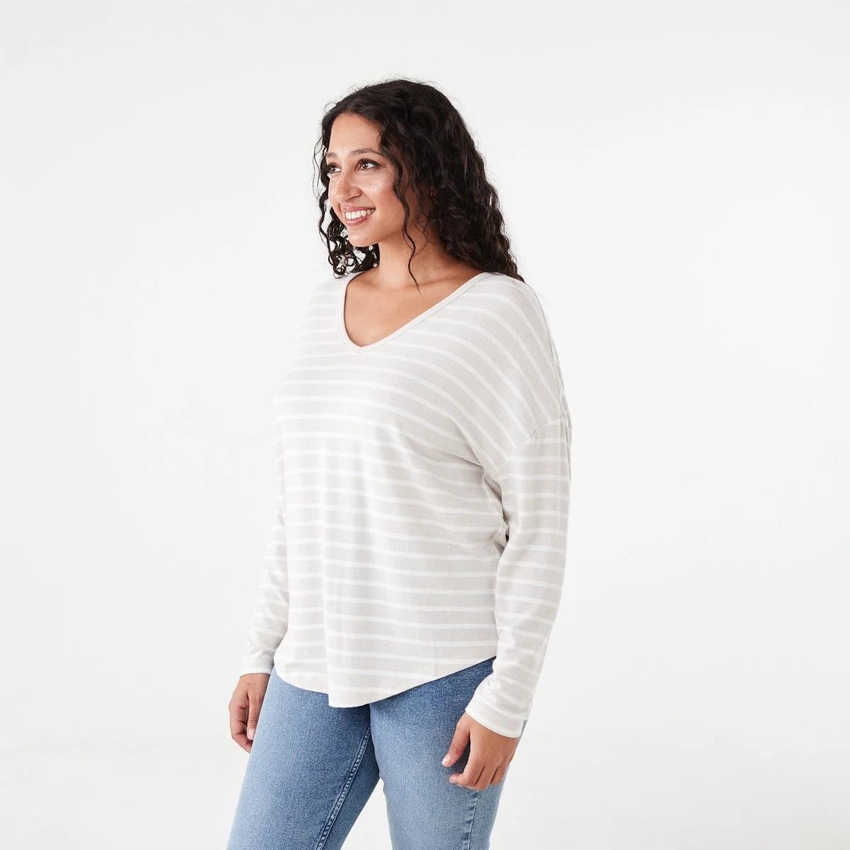 2 Long Sleeve Brushed V-Neck Top Tonal Strp, 2 of 5