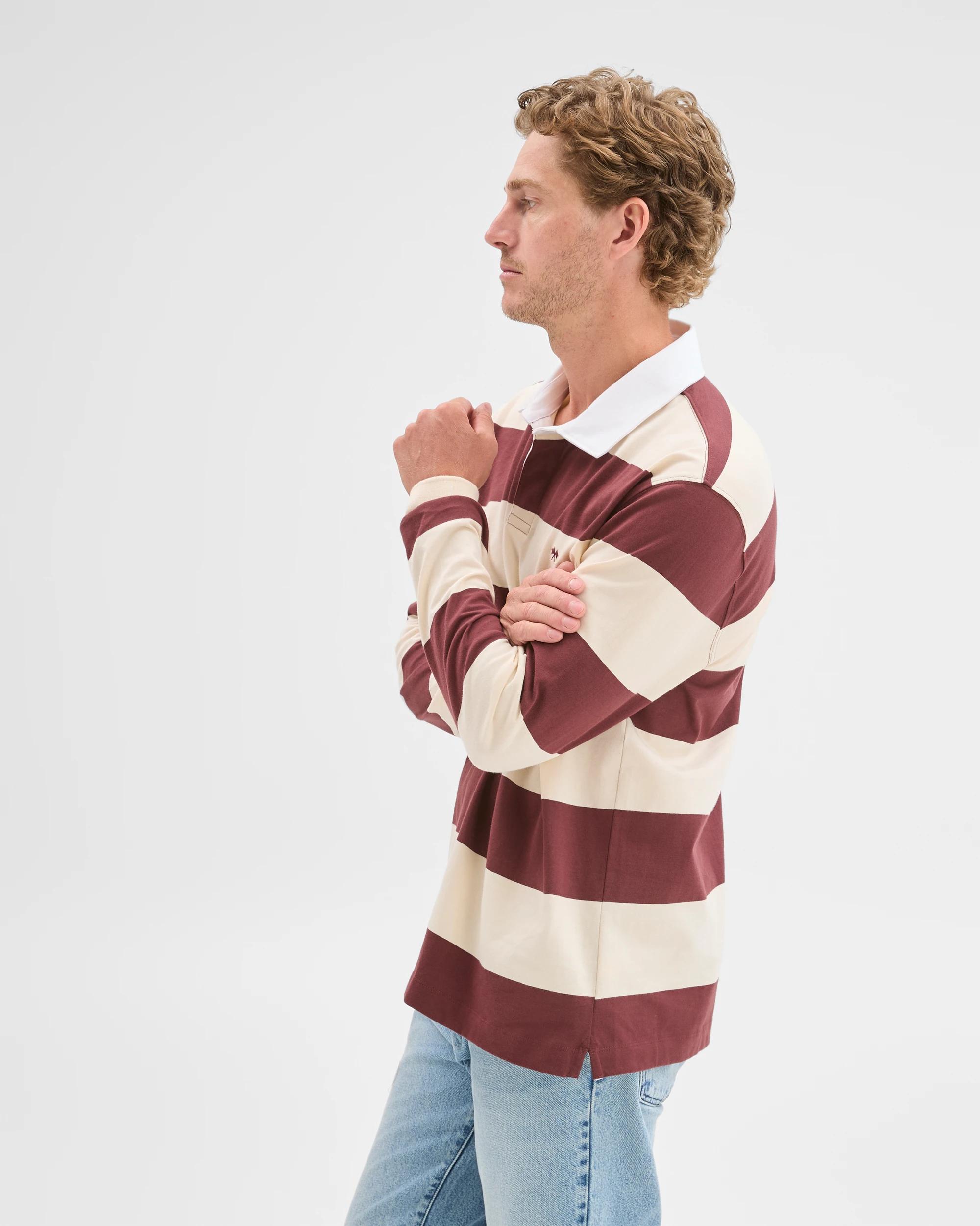 5 Target Man Australian Cotton Long Sleeve Rugby Polo Top STONE STRIPE, 5 of 8