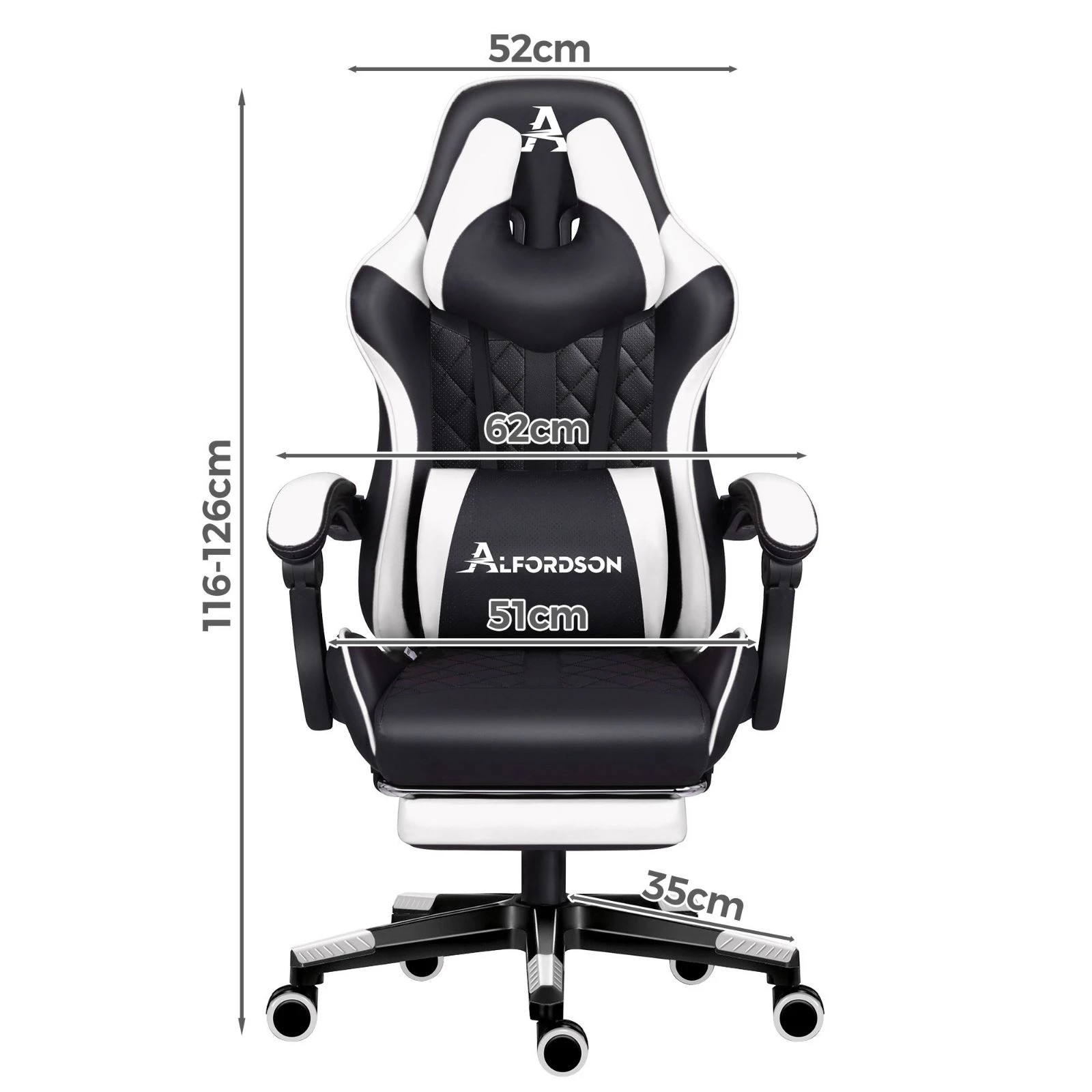 3 Alfordson Gaming Chair Office Racer Large Lumbar Cushion Footrest Seat Leather - White, 3 of 10
