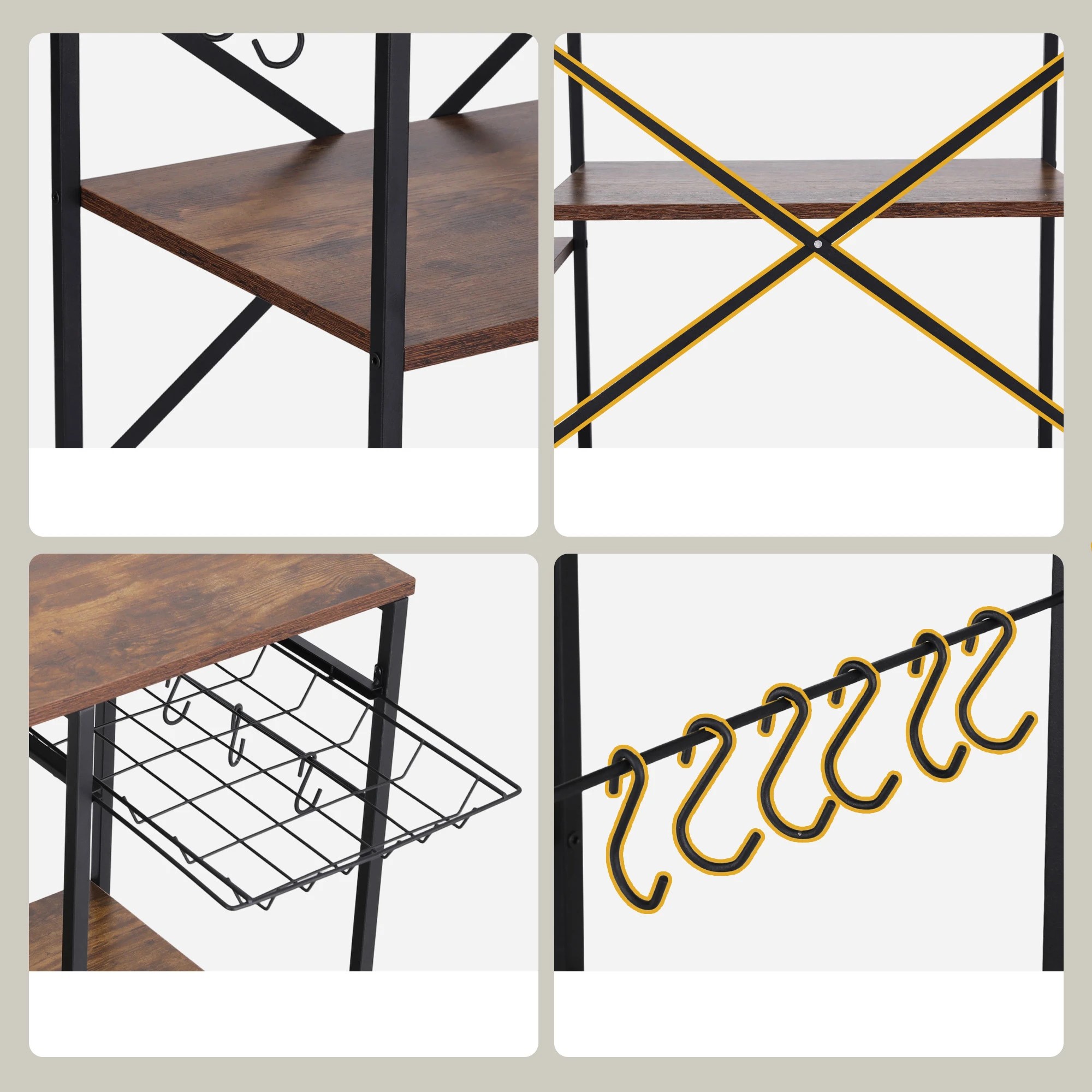 7 Artiss 3-Tier Kitchen Bakers Rack with 2 Power Outlets Microwave Stand 6 Hooks 90CM - Brown, 7 of 9
