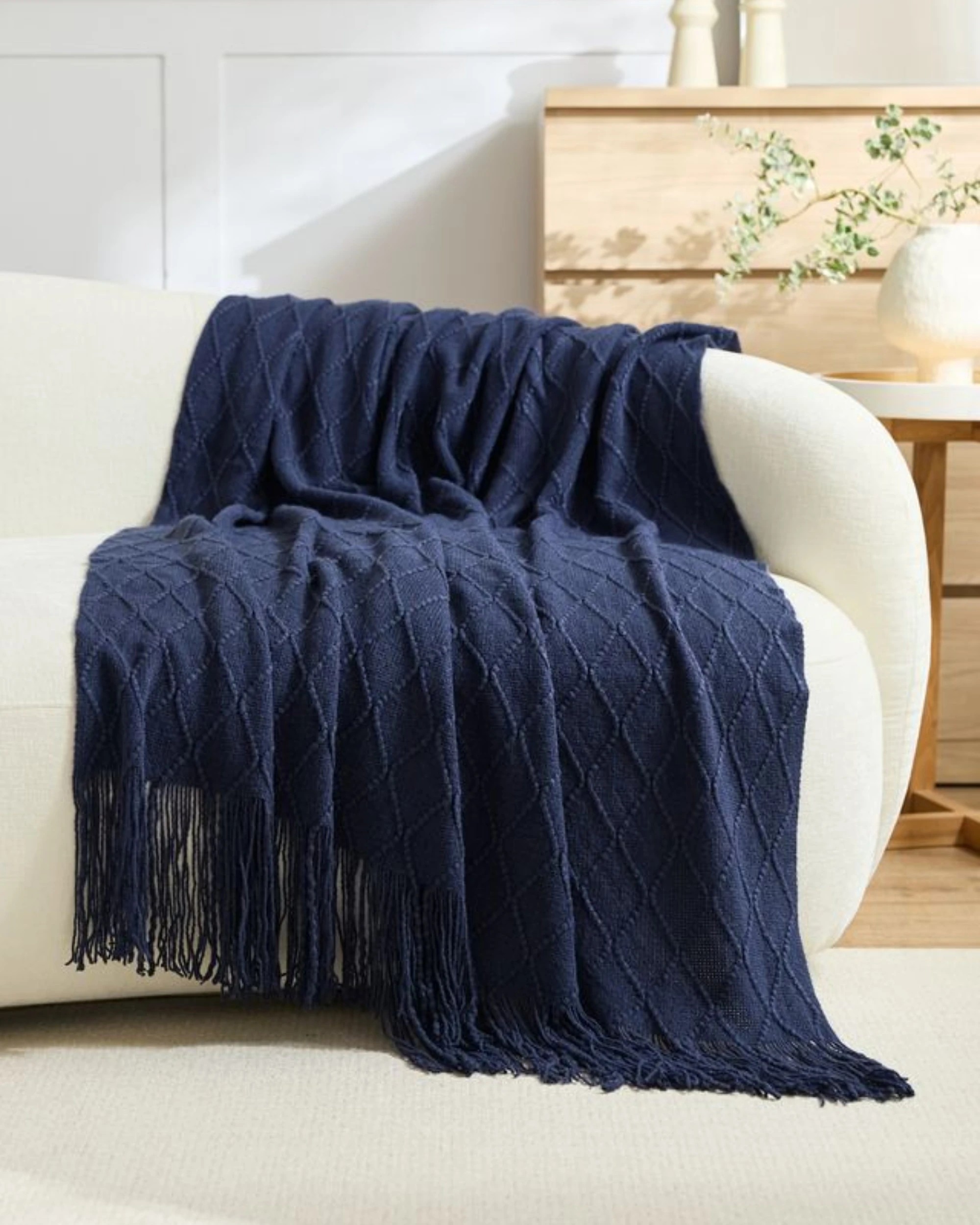 Gioia Casa Micro Plush Diamond Knitted Throw Blanket 130x170cm - Navy ...