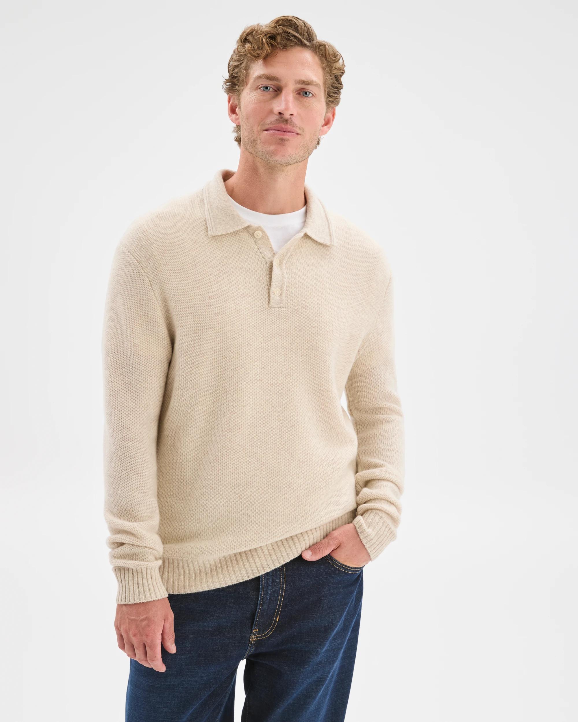 1 Target Man Lambswool Long Sleeve Knit Polo Top OATMARLE, 1 of 7