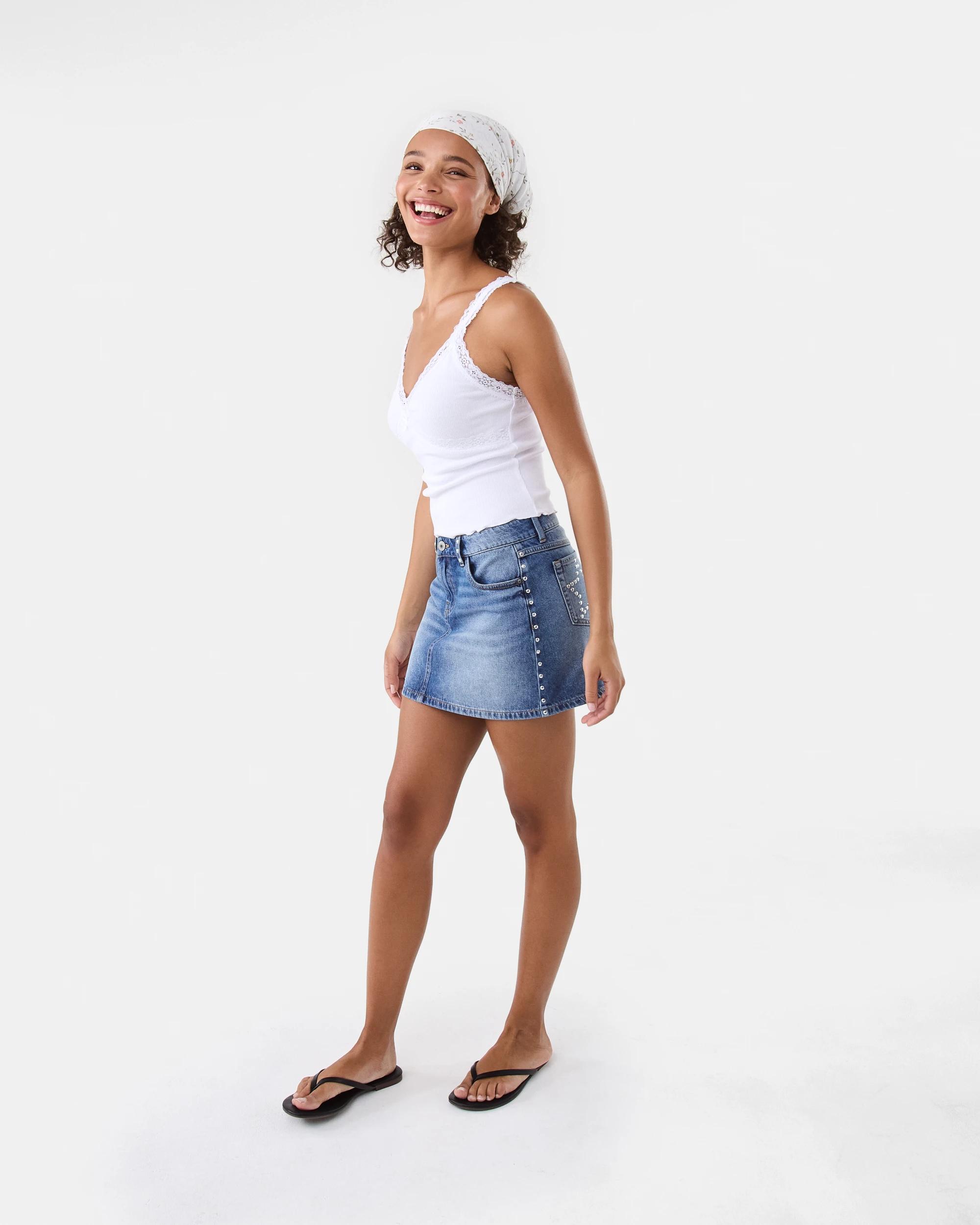 5 Star Studded Denim Mini Skirt Mid Wash, 5 of 9