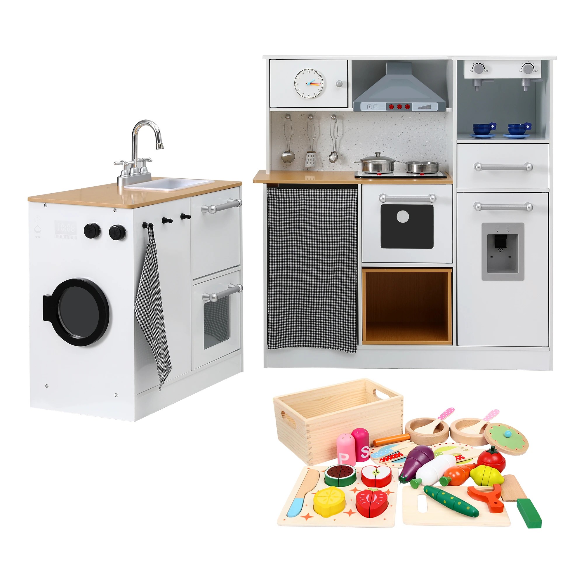 2 Keezi Kids Wooden Pretend Play Kitchen with 29pc Cutting Food Toy Set - Multi, 2 of 8