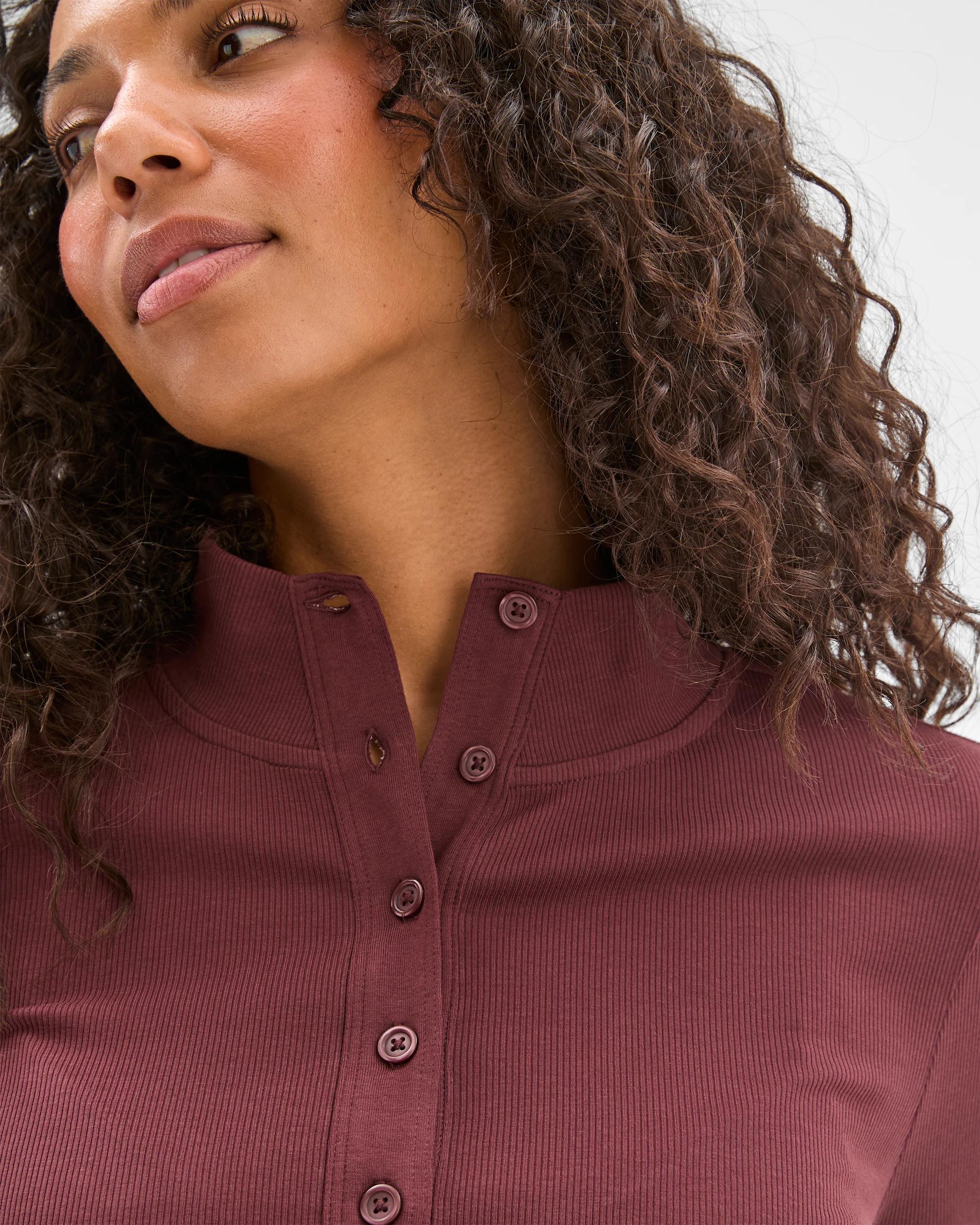 5 Target Woman Australian Cotton Long Sleeve Mock Neck Henley Top BURGUNDY, 5 of 6