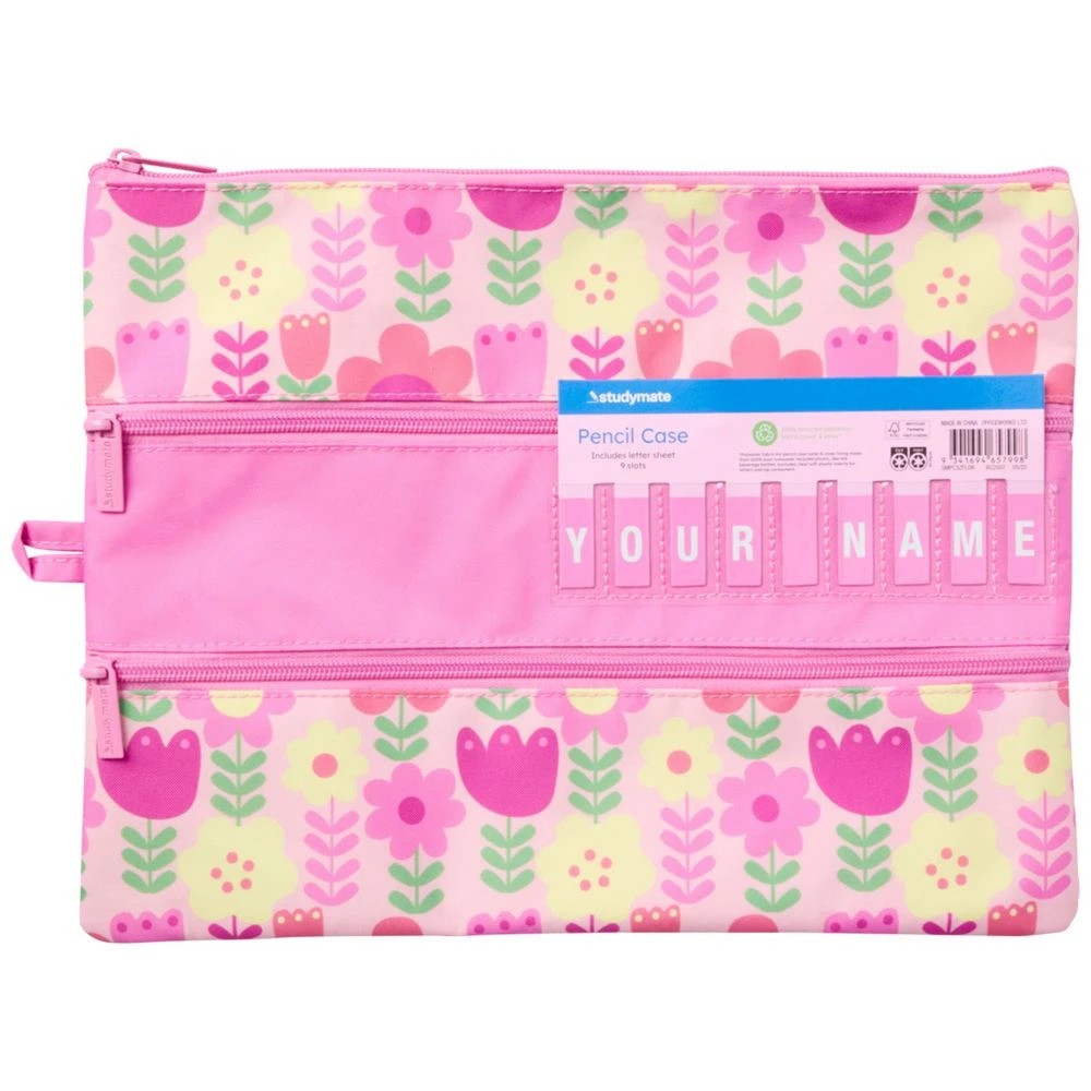 1 Studymate Large Name 3 Zip Pencil Case Flowers, 1 of 5