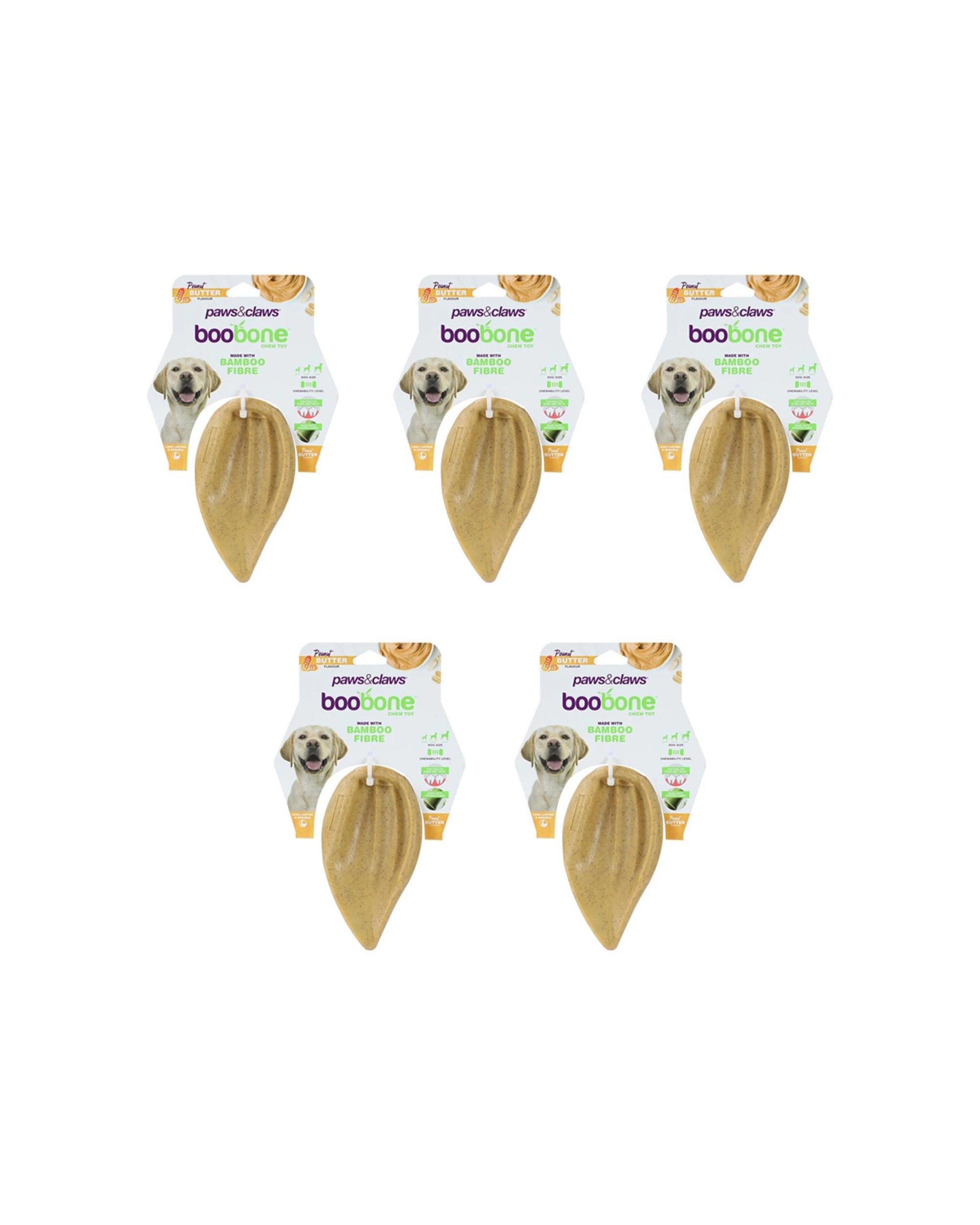 1 Paws And Claws BooBone 16cm Pigs Ear Chew Dog Toy 5 Pack Peanut Butter Bamboo - Natural, 1 of 3