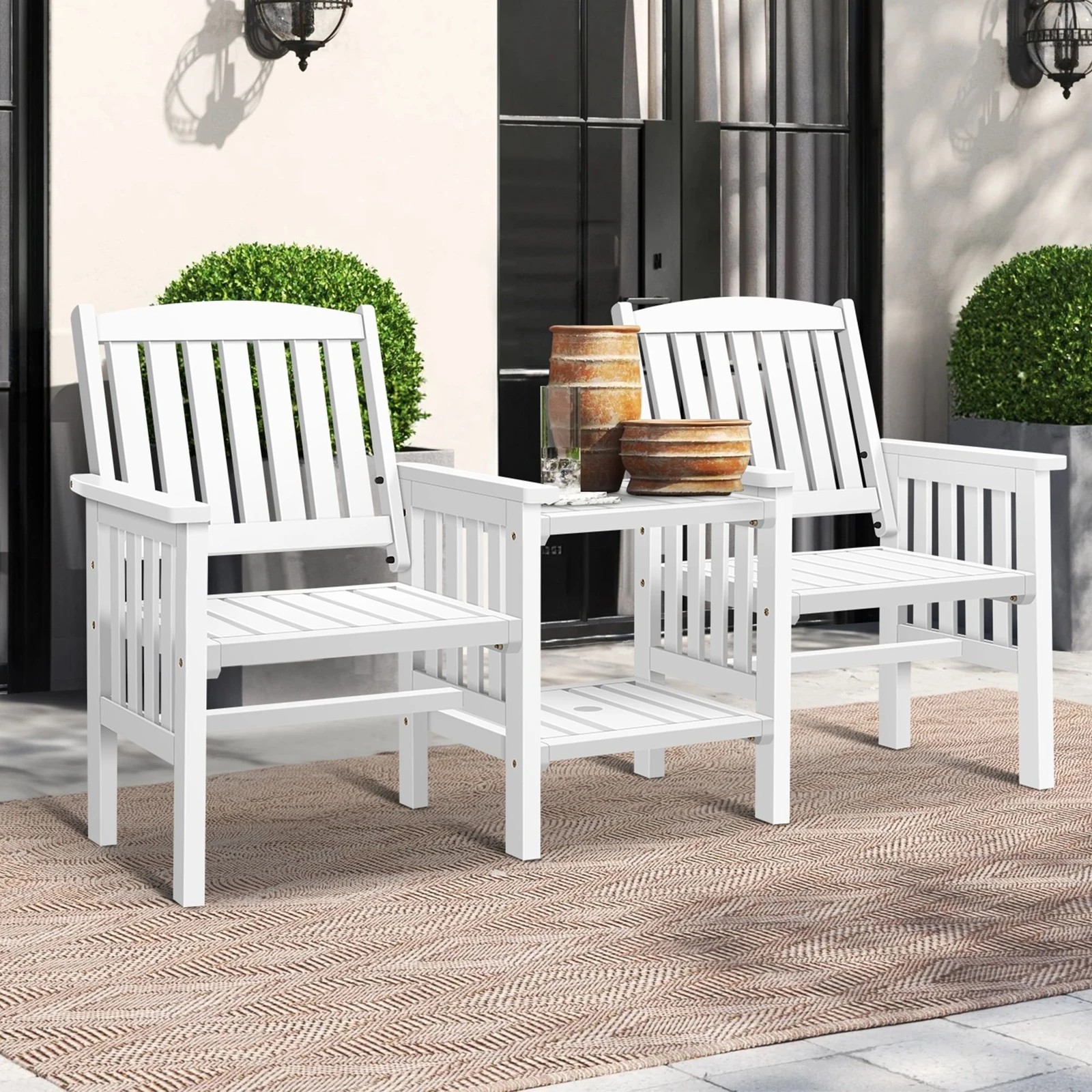 3 Alfordson Outdoor Garden Bench Wooden Loveseat Patio Chairs Table Set - White, 3 of 10