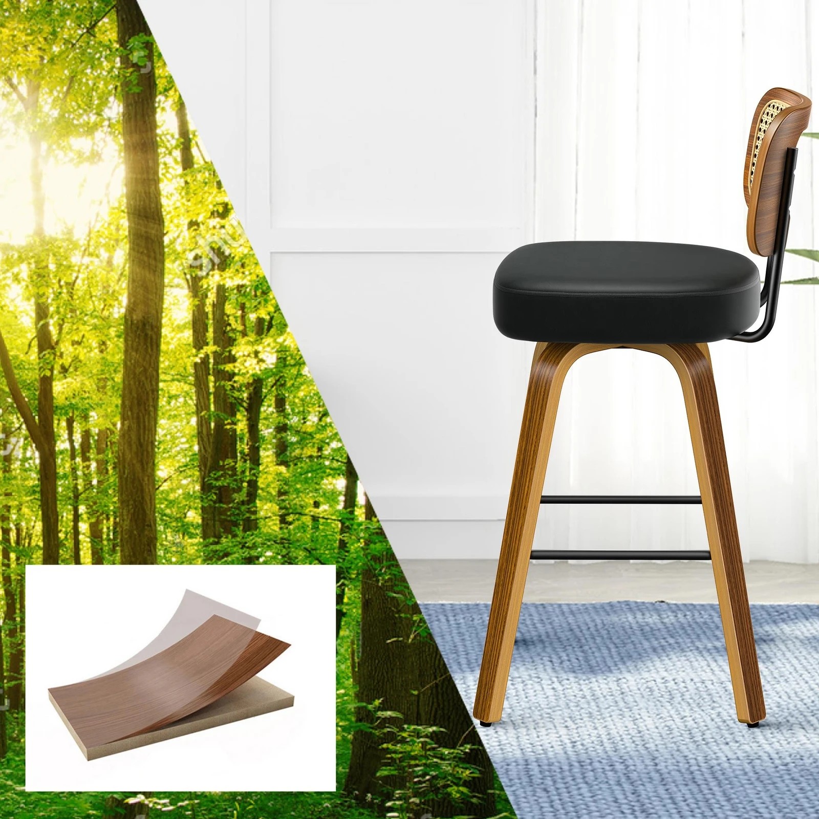 5 Alfordson 2x Bar Stools Kitchen Vintage Leather Seat Rattan Chair - Black, 5 of 9