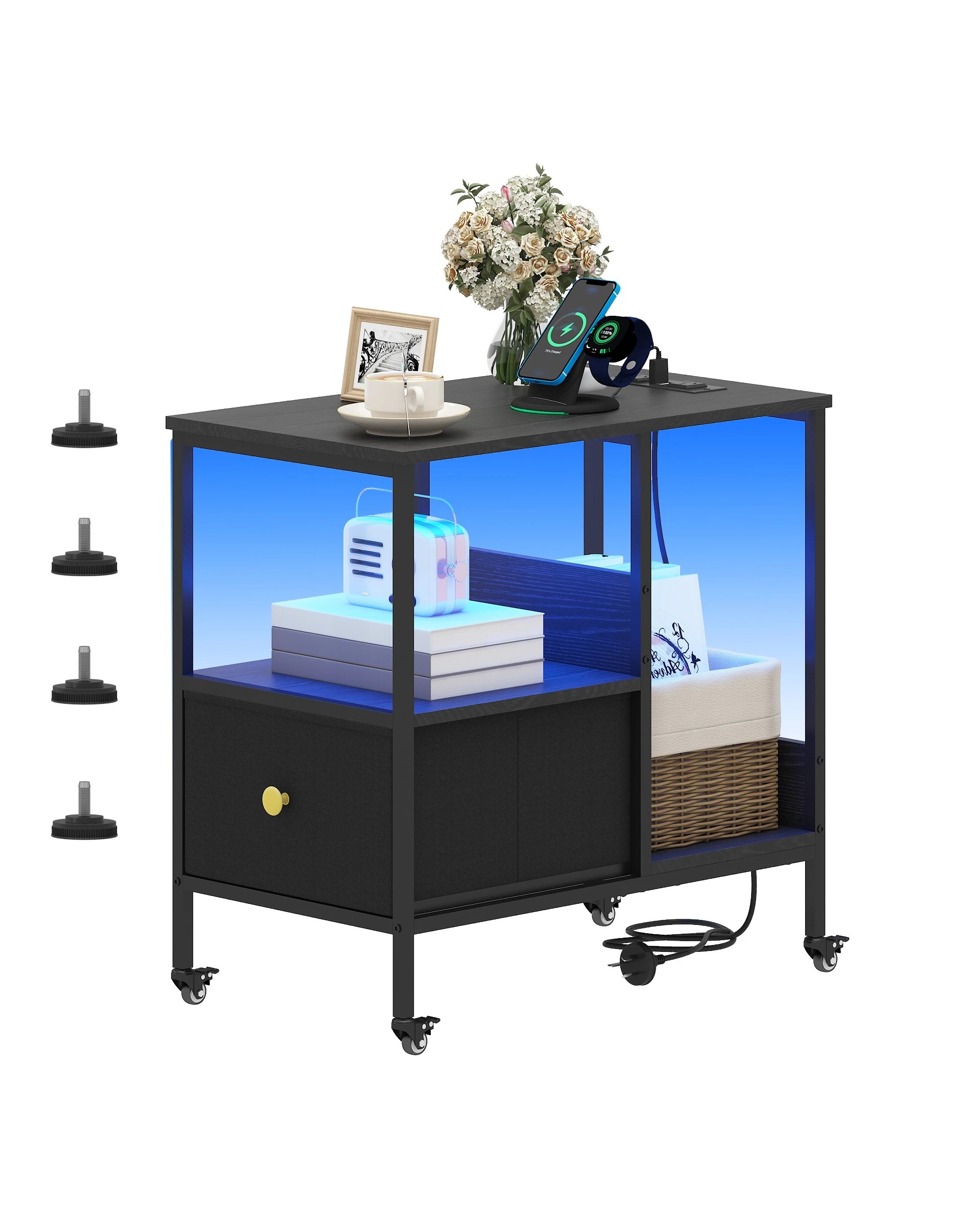 5 Advwin LED Side Table Set of 2 Sofa End Table w/ Power Outlets & Wheels Slim Bedside Table w/Reversible Drawer  - Black, 5 of 9