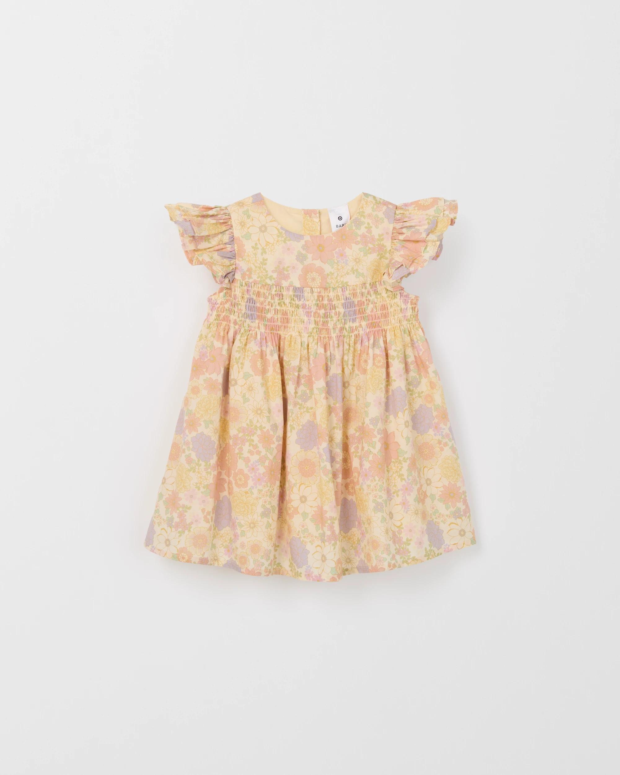 4 Target Baby Cotton Short Sleeve Shirred Woven Dress FLORAL LEMON ICING, 4 of 5